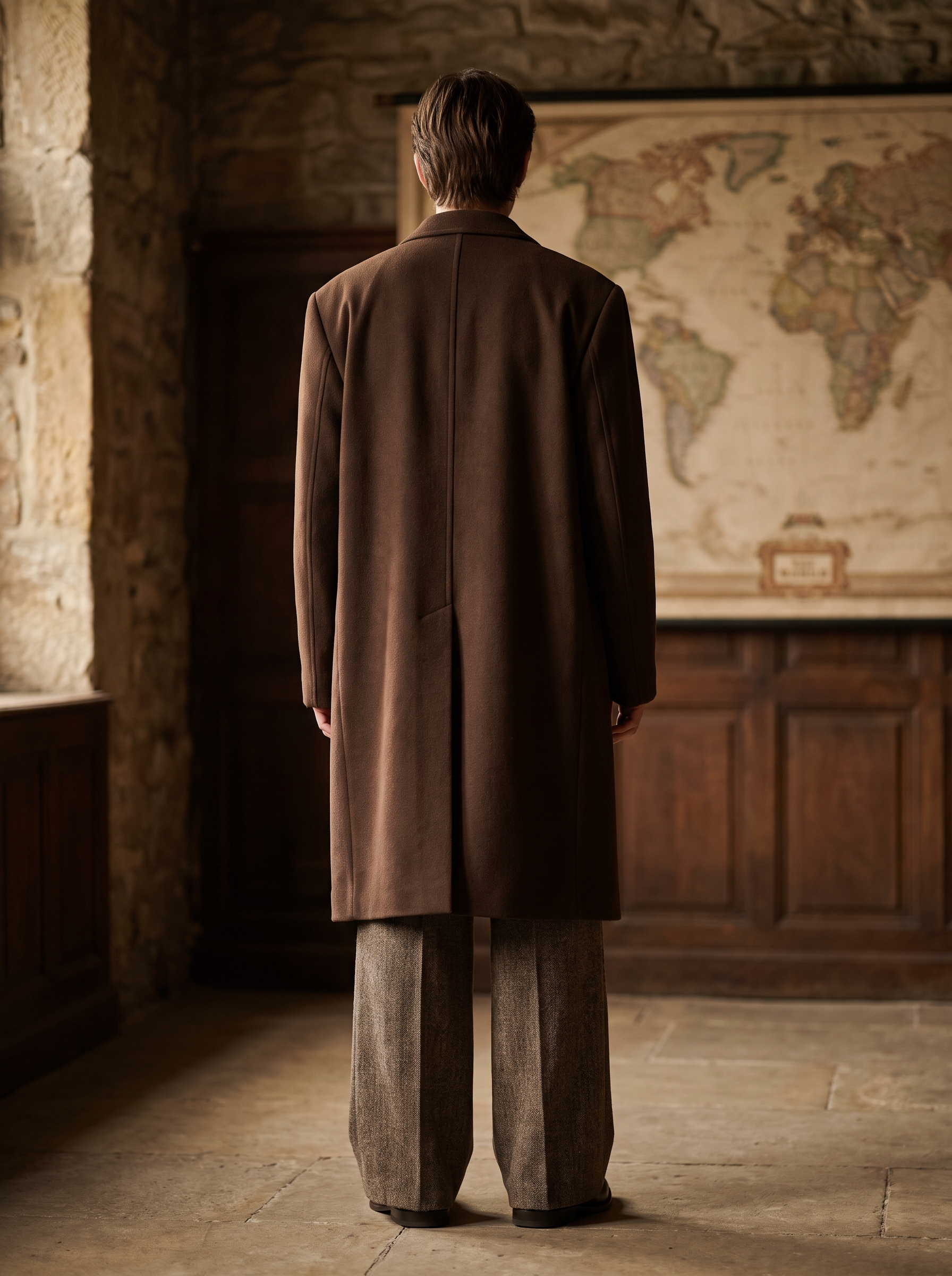 Rear-view portrait emphasizing the sweeping silhouette of the oversized wool opera coat.