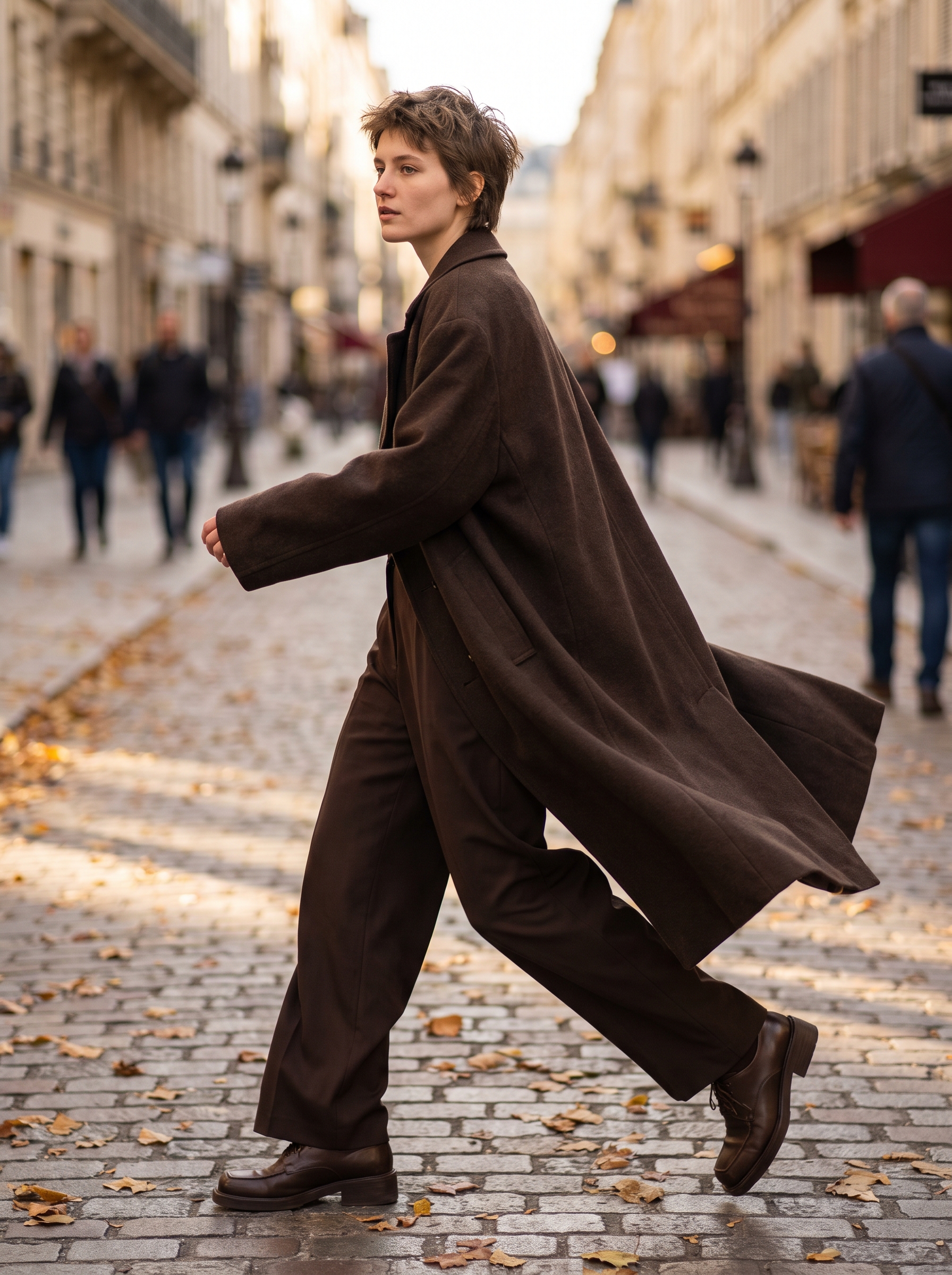 Dynamic side-profile walking shot showing the dramatic drape of the wool coat and wide-leg trousers.