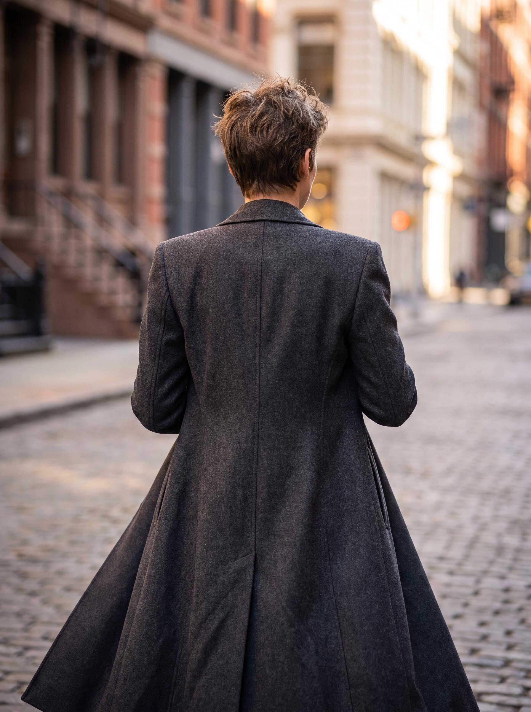 Rear view portrait of Gender-Neutral / Unisex model showing coat tailoring and drape