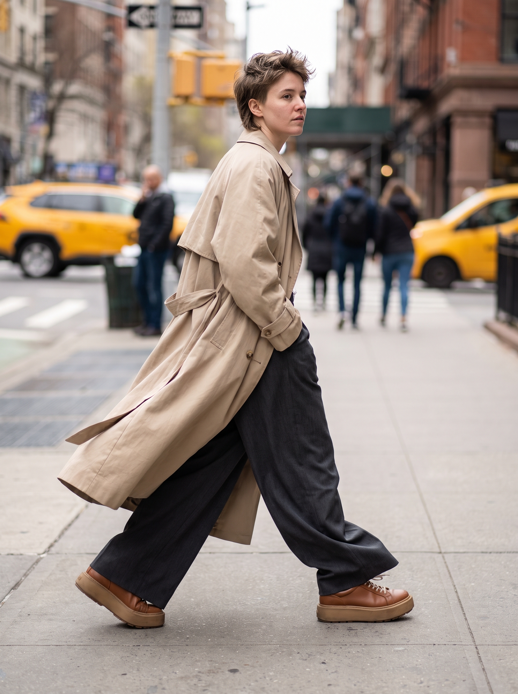 Side profile walking motion shot of Gender-Neutral / Unisex model in New York City, USA