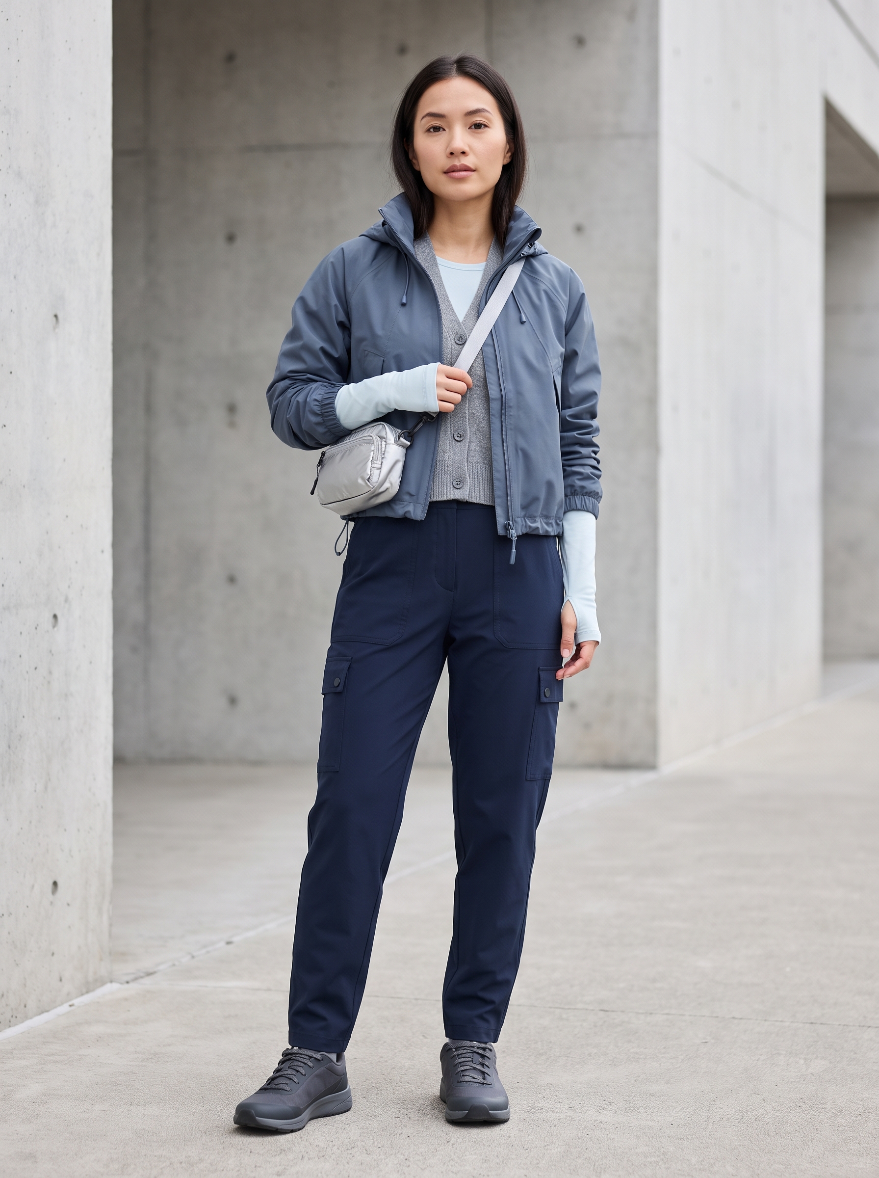 Full-length editorial view of the Kinetic Monolith Ensemble featuring a slate blue cropped technical jacket, icy blue base layer, and navy utility cargo pants on a petite model.