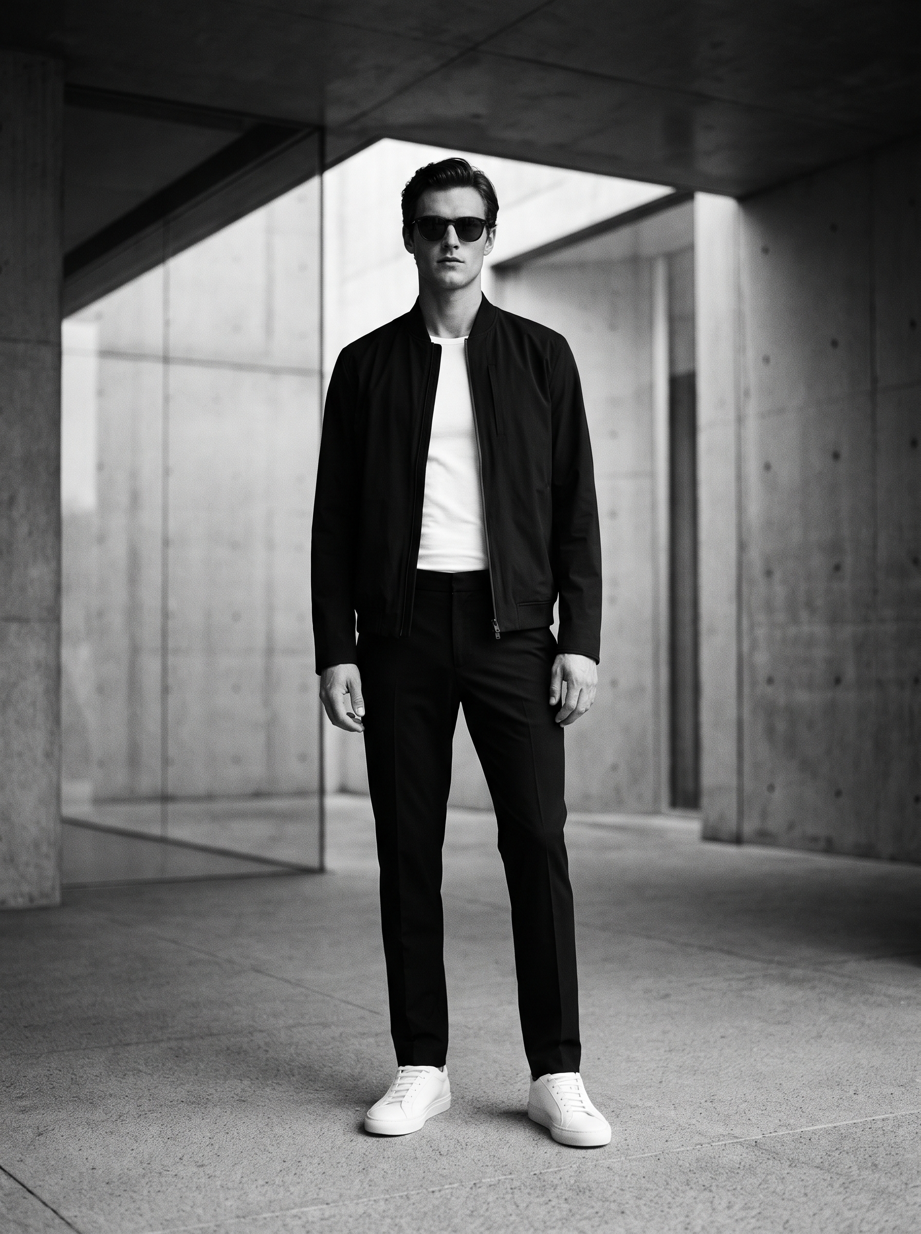 Full-length editorial photo of a man in a black technical blouson, white Supima t-shirt, black tailored trousers, and white minimalist sneakers in a modern global setting.