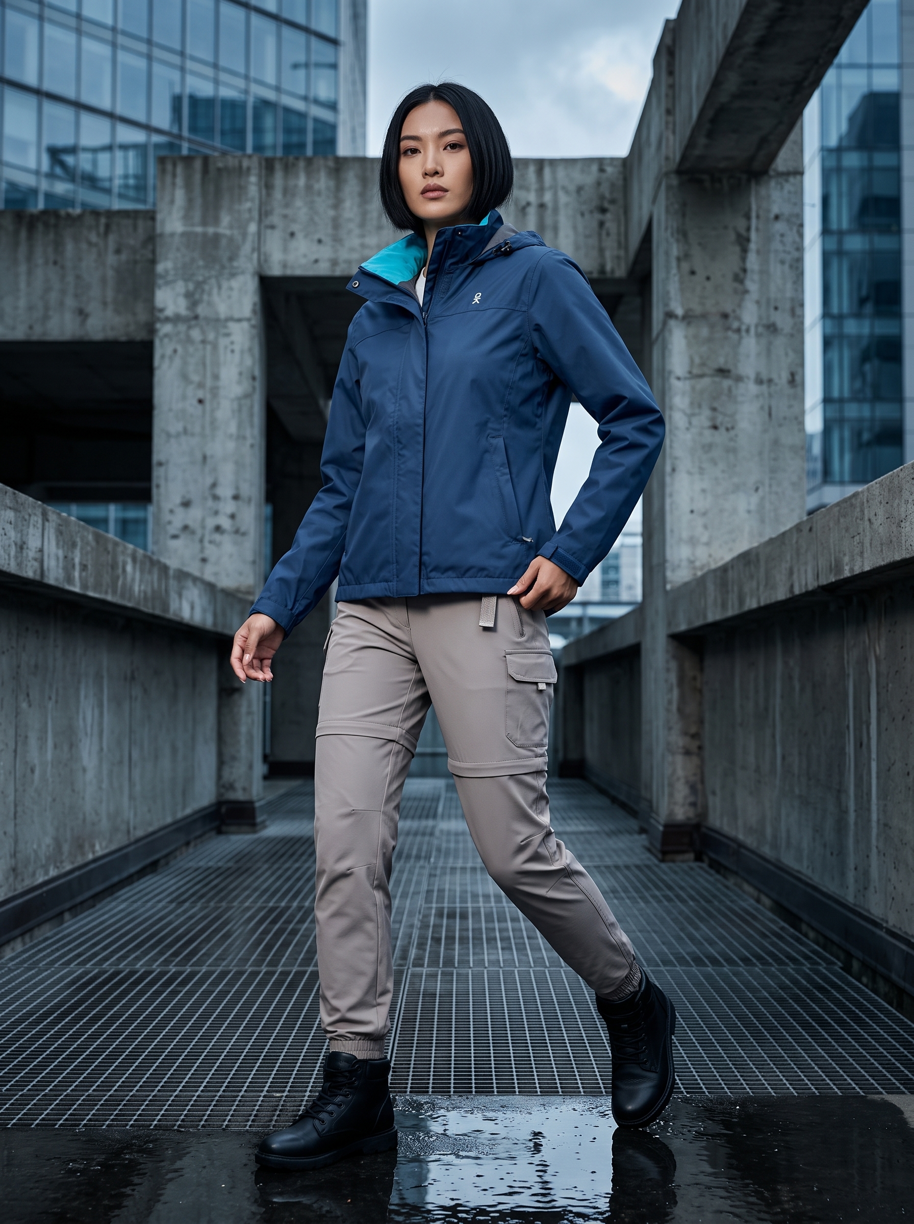 Petite fit womenswear model wearing a blue techwear rain jacket in an urban outdoor setting during spring.