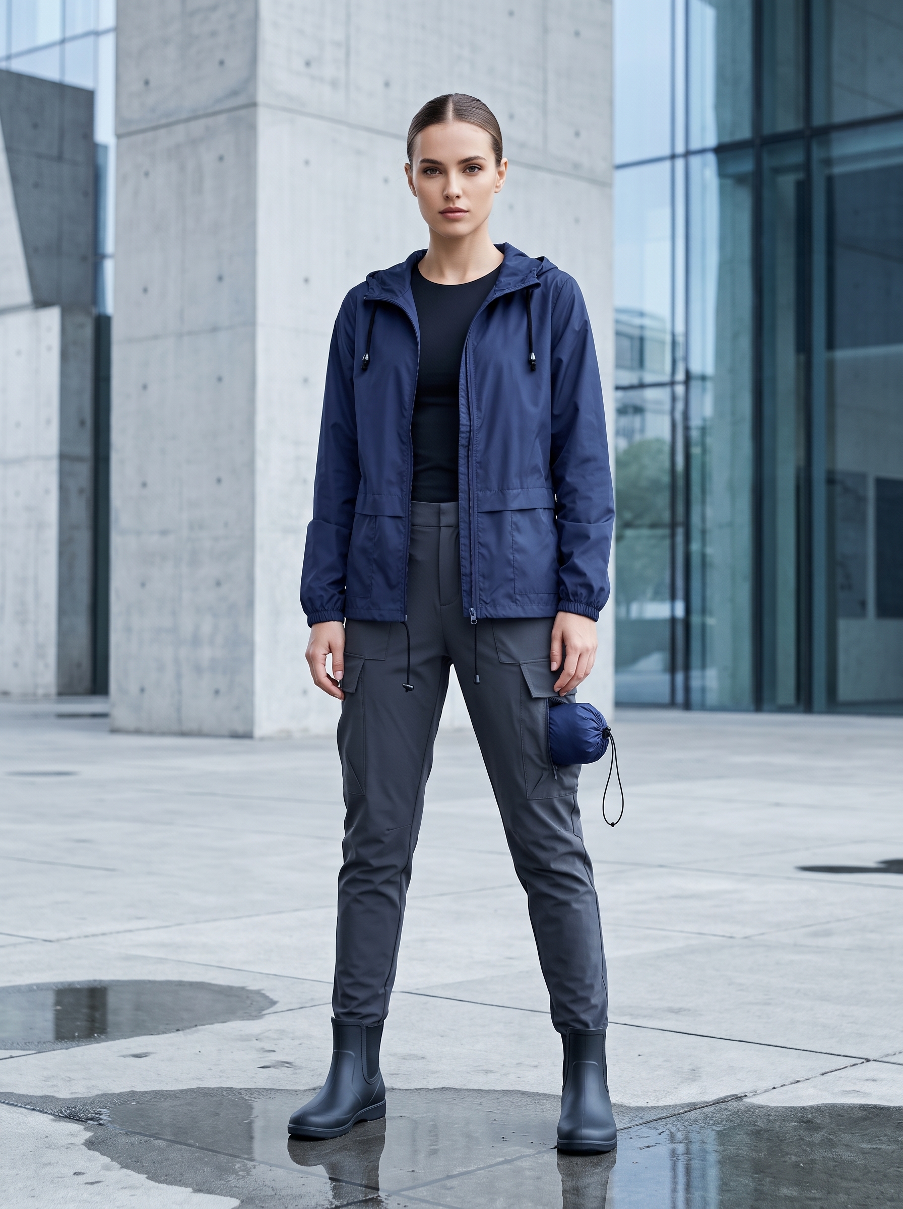 Petite fit womenswear model wearing an Avoogue navy blue waterproof hooded windbreaker in an urban techwear setting
