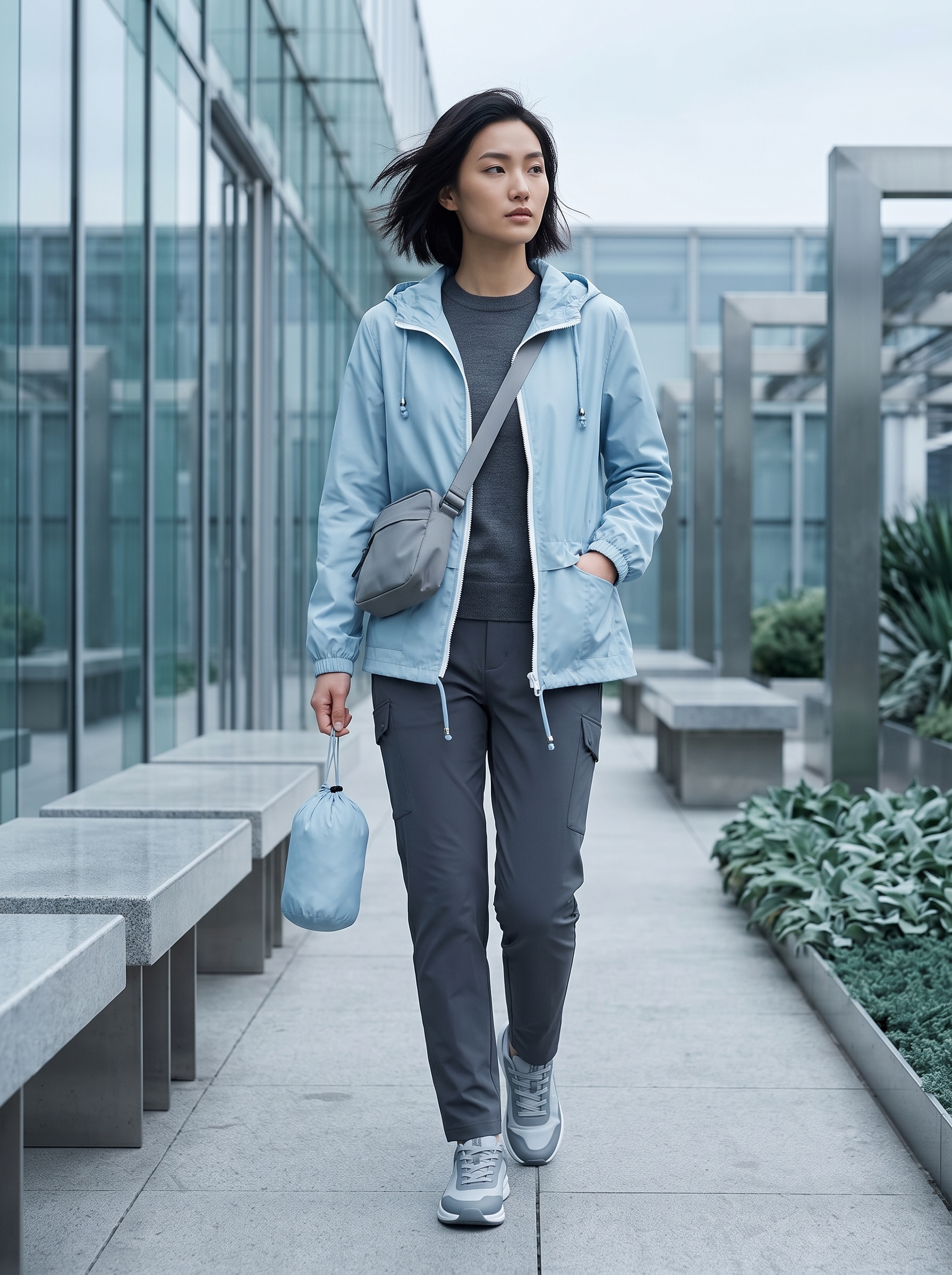 Petite fit womenswear model wearing a light blue packable techwear rain jacket in an urban setting for a spring casual look