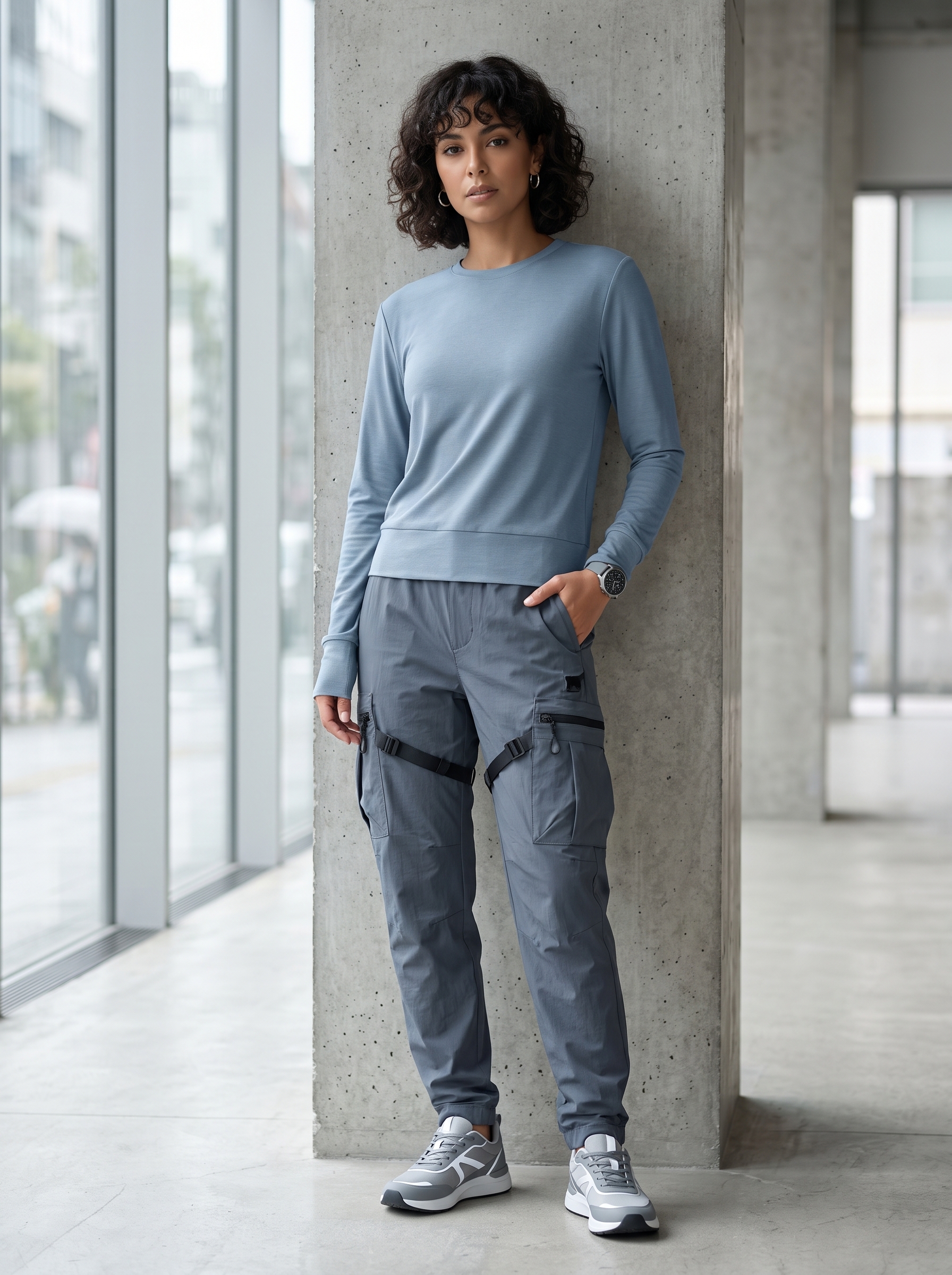 Petite fit womenswear model wearing an ODODOS cool blue techwear long sleeve crewneck top in an urban spring setting.