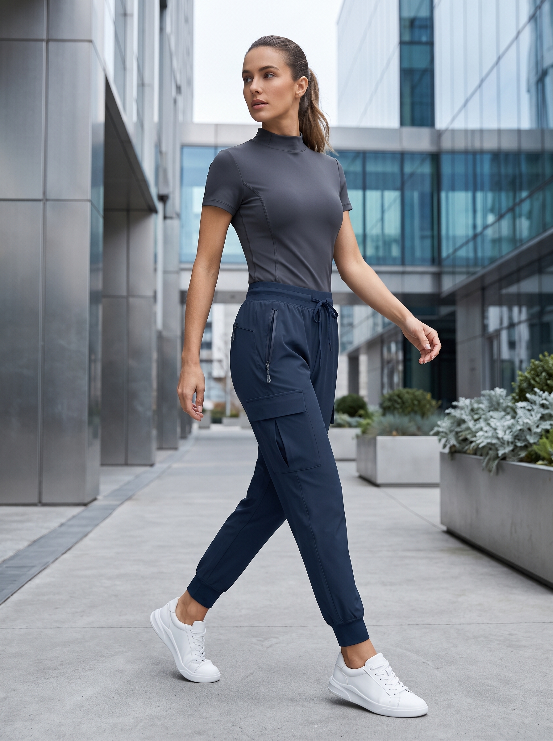 Petite fit womenswear model wearing navy blue techwear cargo joggers in a modern urban environment for spring casual wear