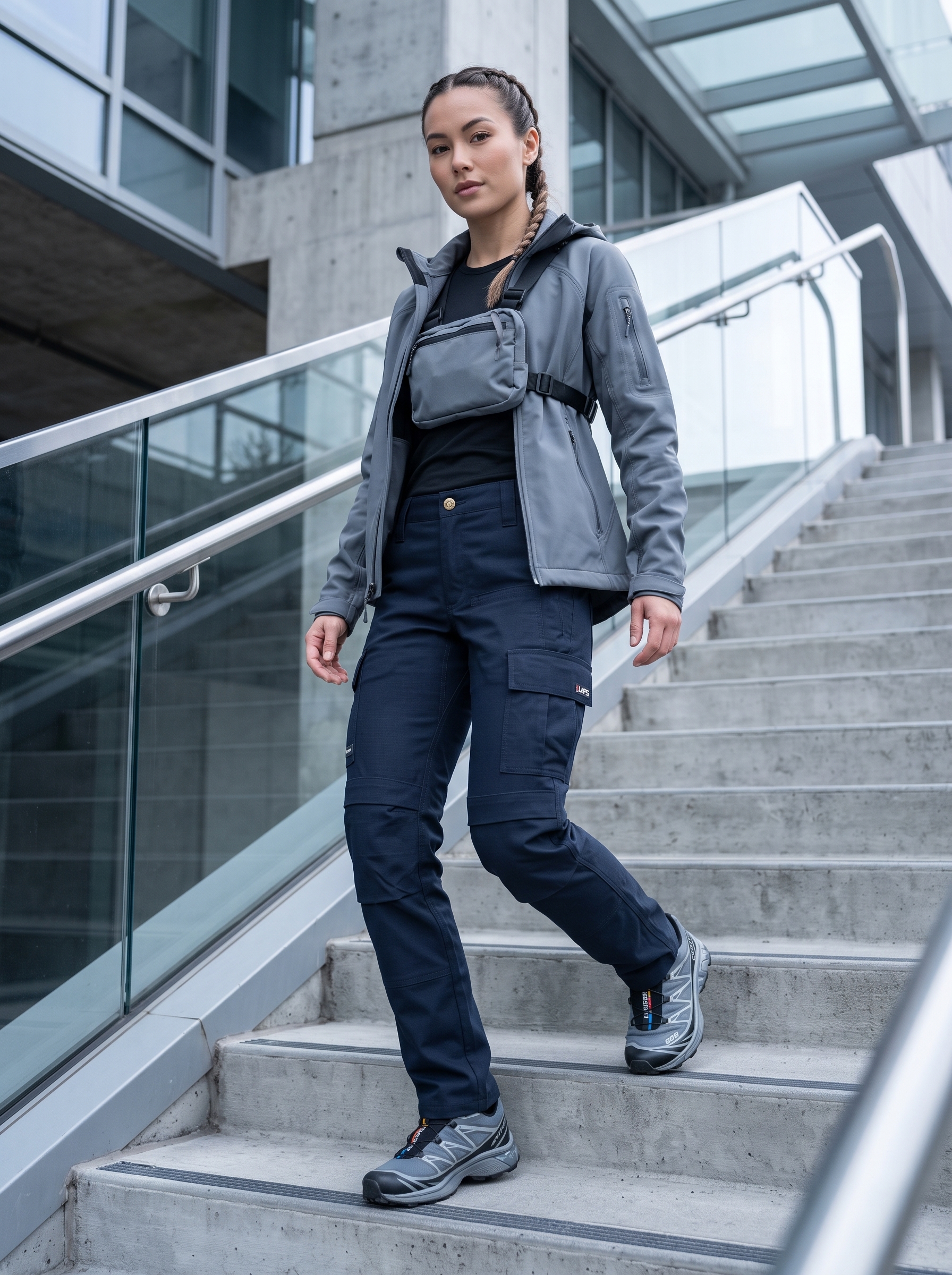 Petite fit womenswear model wearing LA Police Gear stretch tactical cargo pants in dark navy blue for a casual everyday techwear look