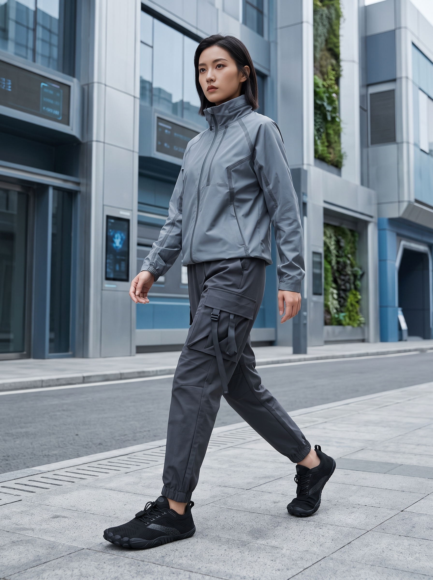 Petite Fit Womenswear model wearing Joomra black minimalist trail running sneakers in a techwear aesthetic urban spring lookbook setting