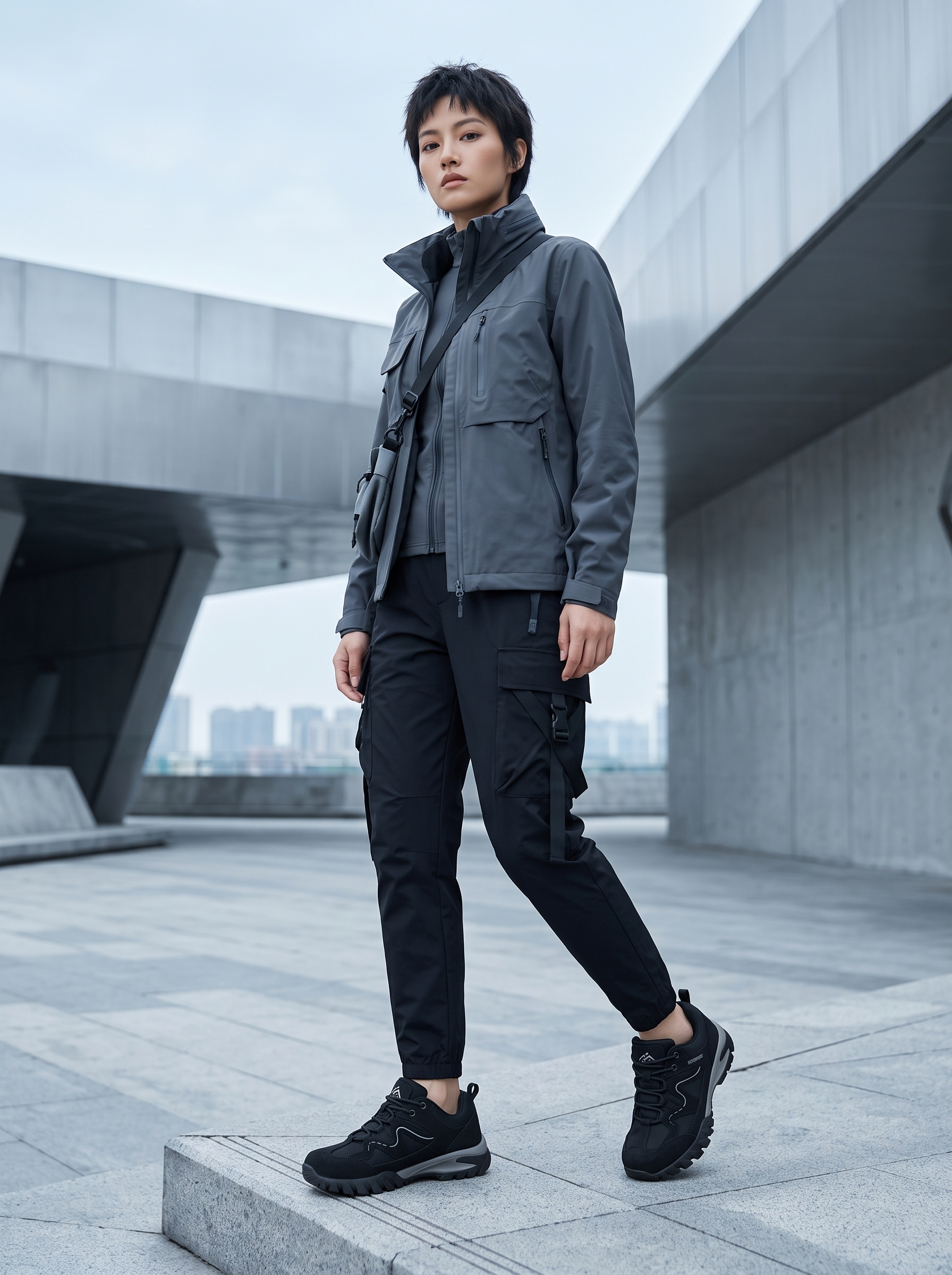 Petite fit womenswear model wearing CC-Los black waterproof hiking shoes in a techwear urban setting