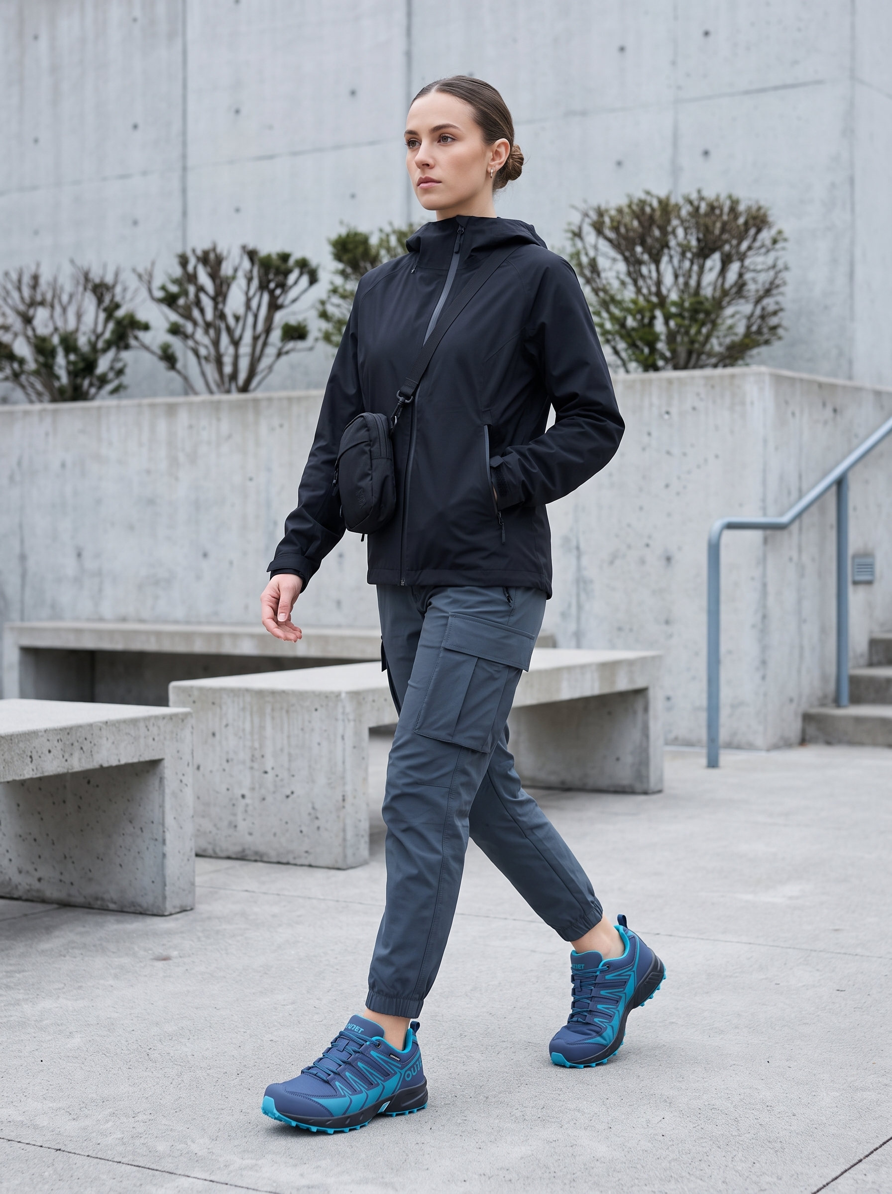 Petite fit womenswear model wearing navy and turquoise waterproof tech hiking sneakers in an urban setting for a spring lookbook