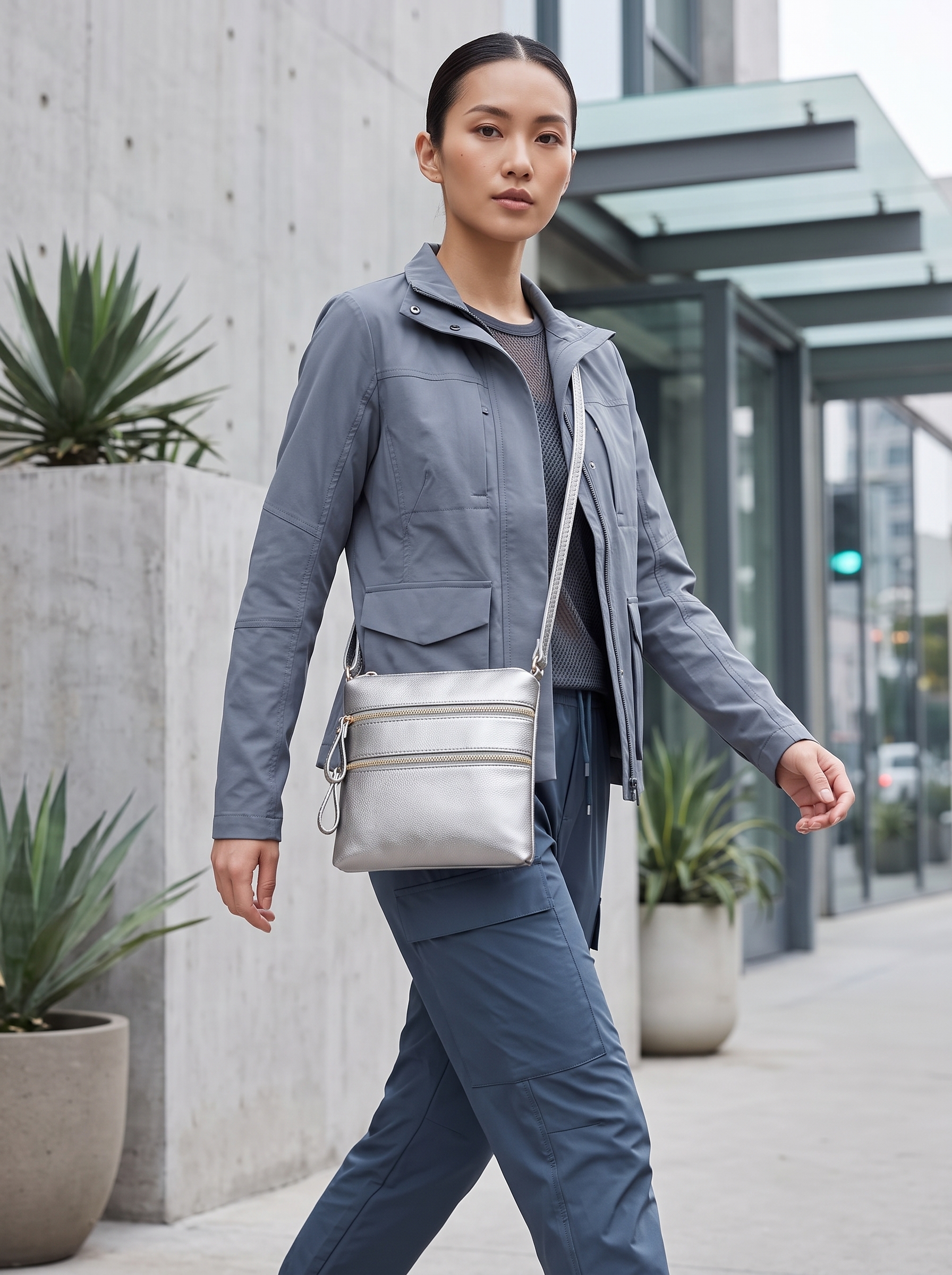 Petite fit womenswear model wearing a metallic silver Solene multi-zipper crossbody bag in an urban spring setting.