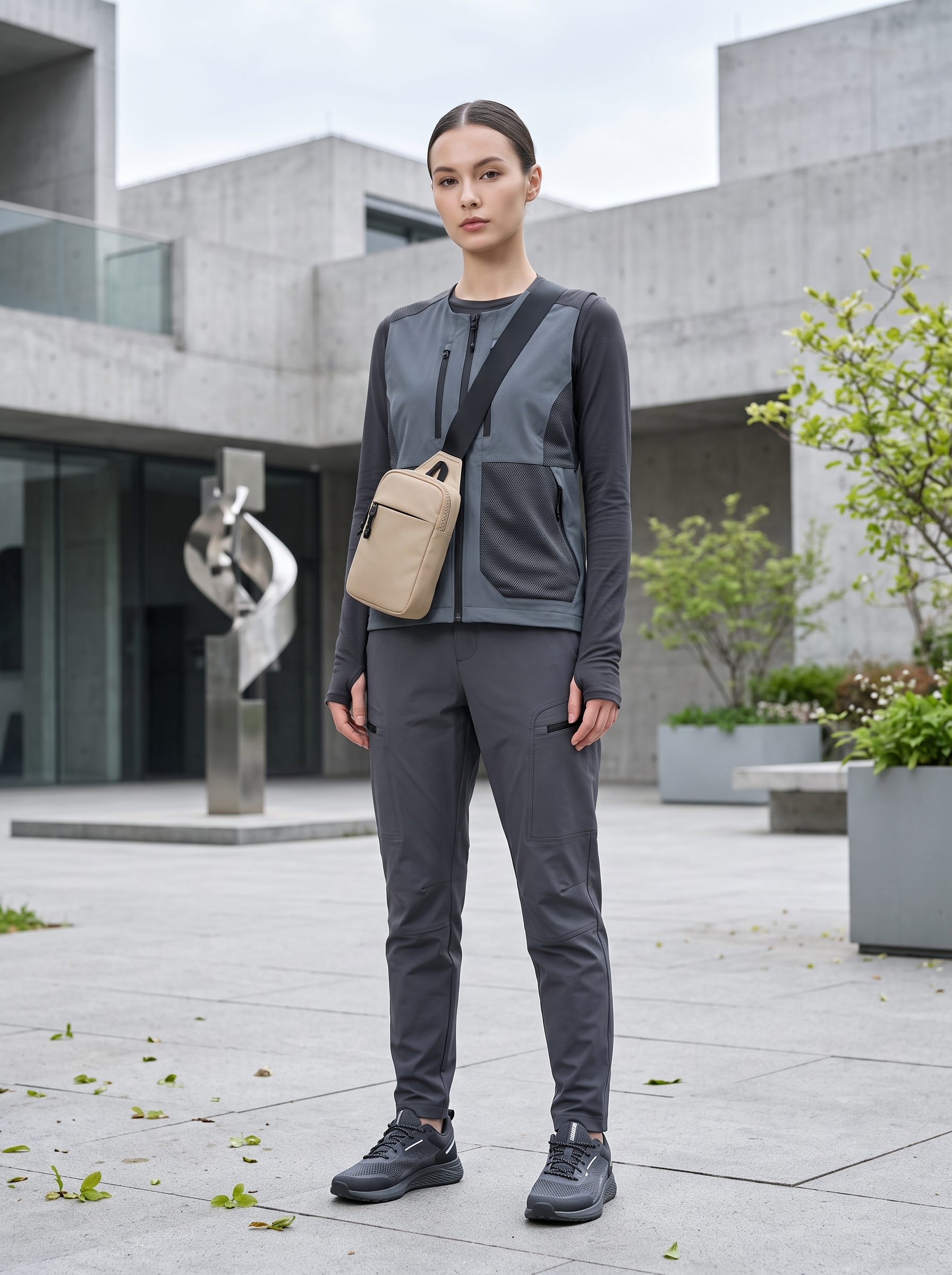 Petite fit womenswear model wearing a techwear outfit and a beige mini utility sling bag in an urban setting
