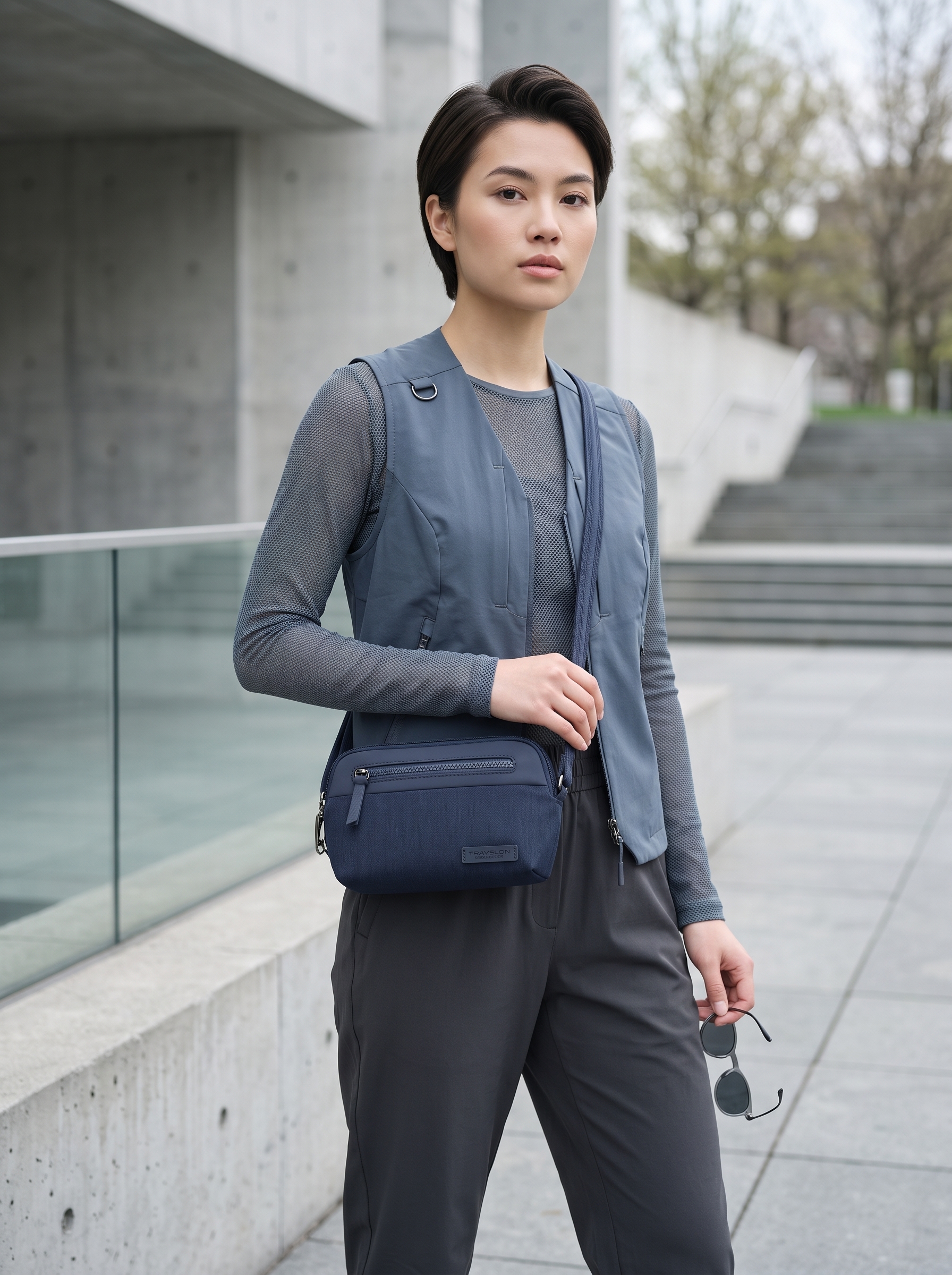 A petite womenswear model wearing the Travelon Anti-Theft Metro Small Crossbody Bag in navy blue against a modern urban backdrop.
