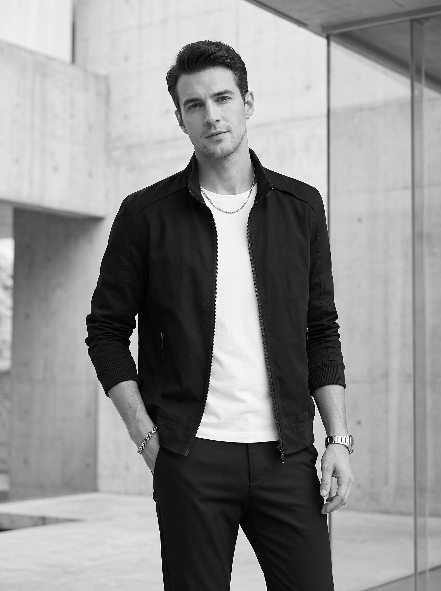 Slim-fit menswear model wearing a black cotton stand-collar windbreaker jacket over a white t-shirt in a minimalist architectural setting.