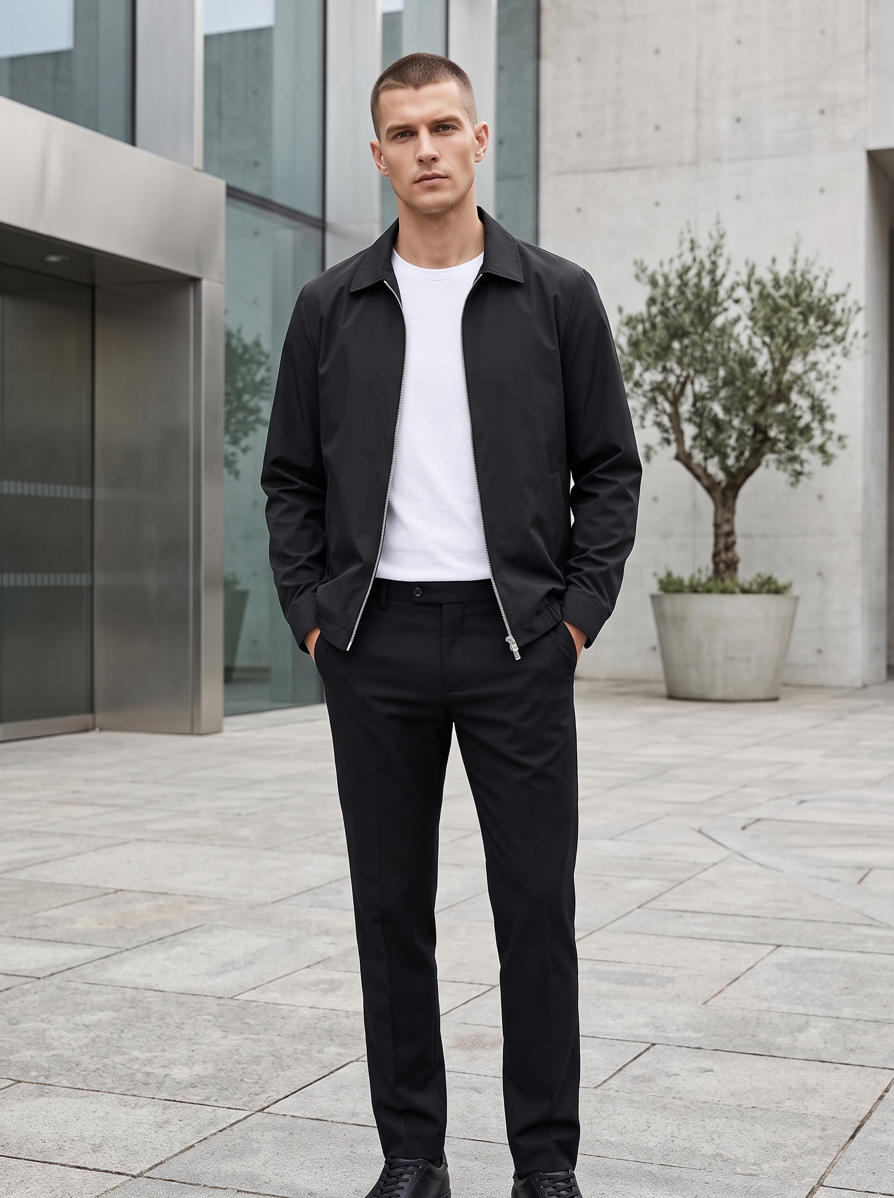 Slim-fit menswear model wearing a minimalist black lightweight zip windbreaker in an urban setting