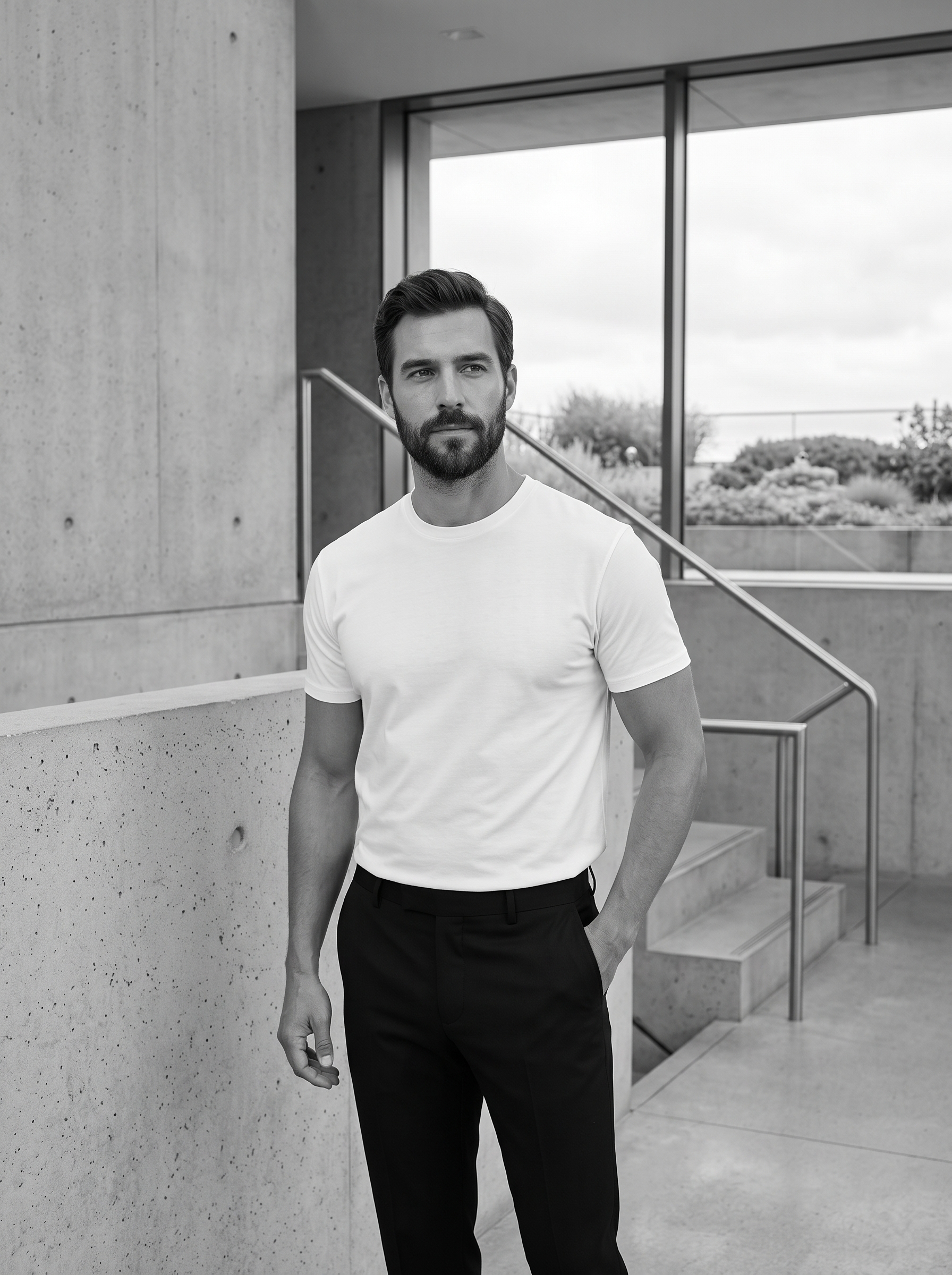 A slim-fit menswear model wearing a minimalist white crew neck t-shirt in a modern urban setting.