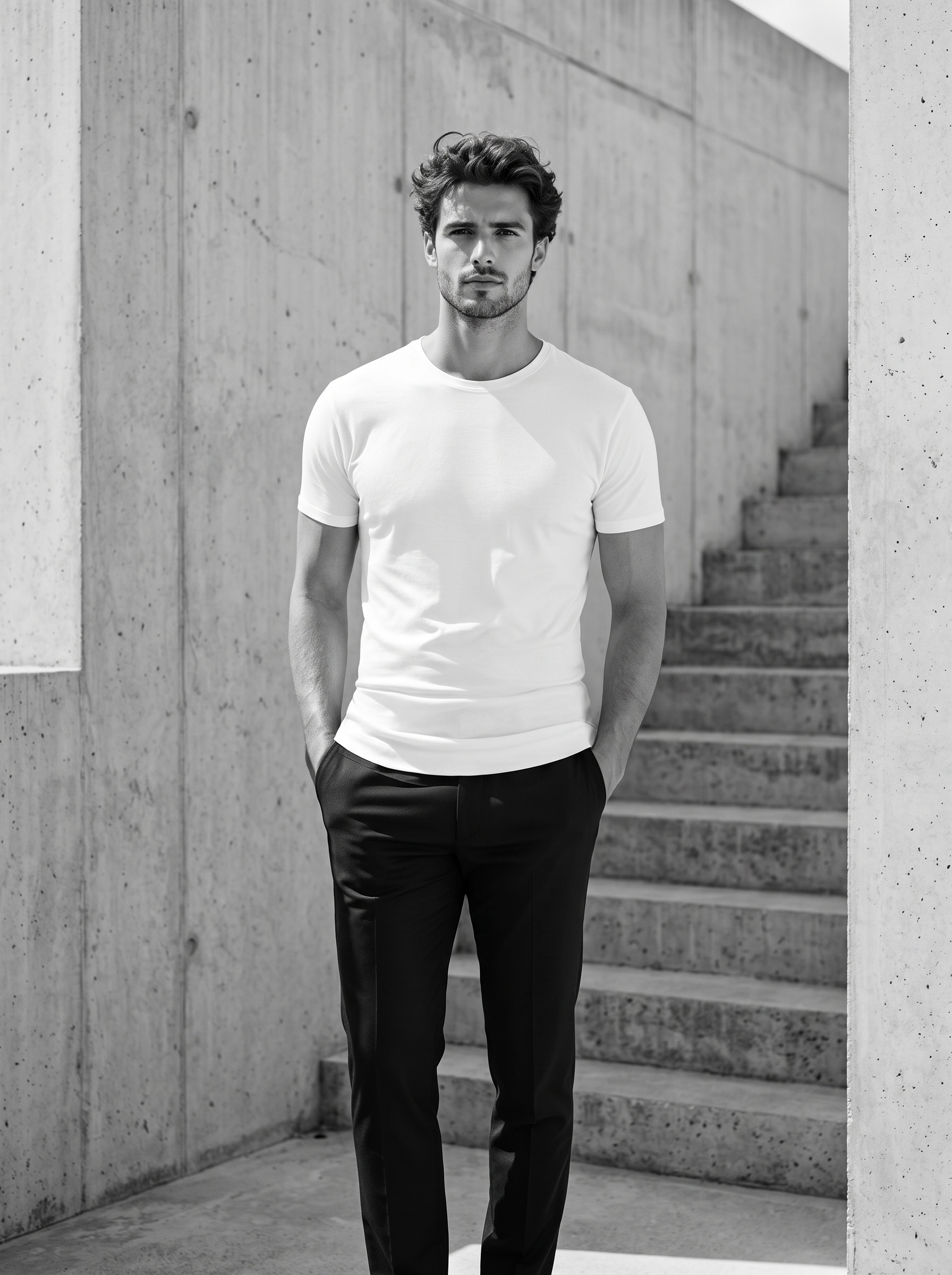 Slim-fit menswear model wearing a white H2H crewneck t-shirt and black trousers in a minimalist architectural setting.