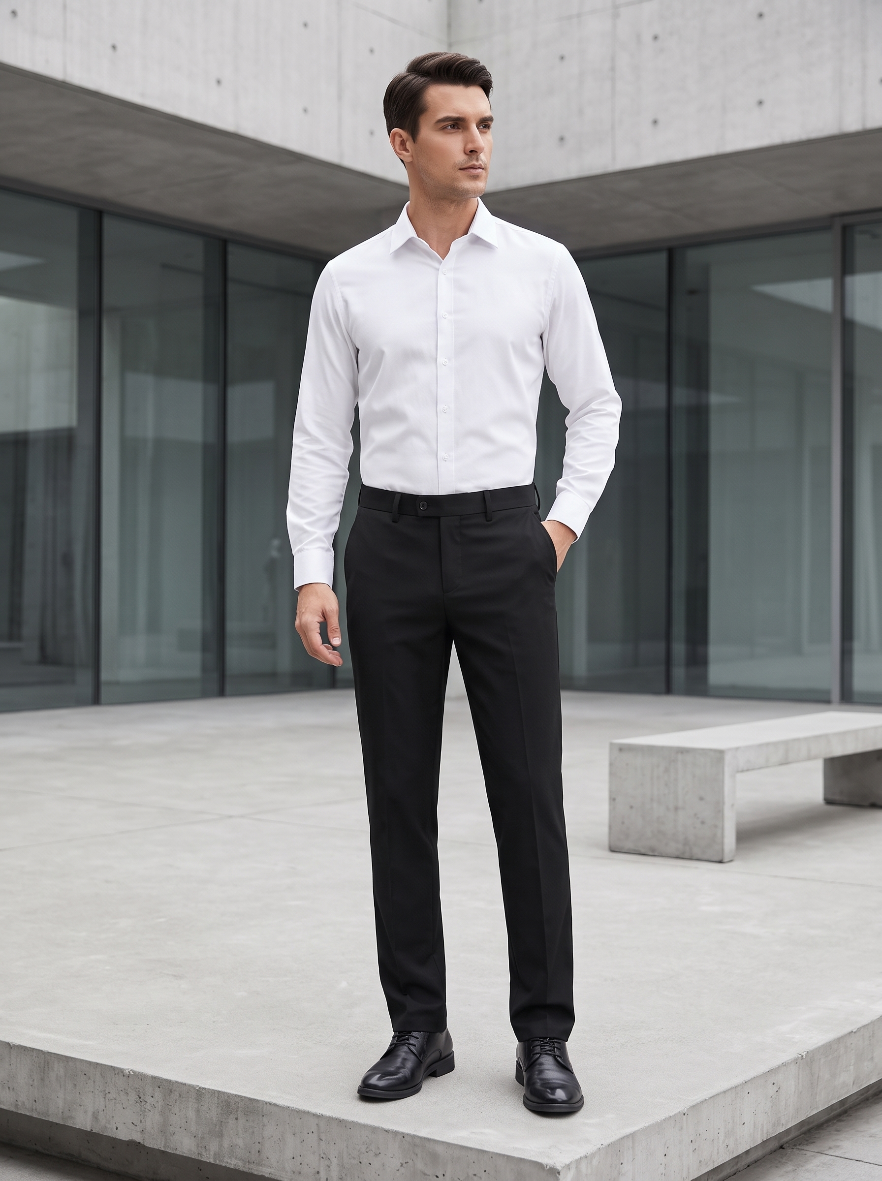 Slim / Tailored Fit Menswear model wearing black slim-fit stretch dress pants and a white shirt in a minimalist urban setting.