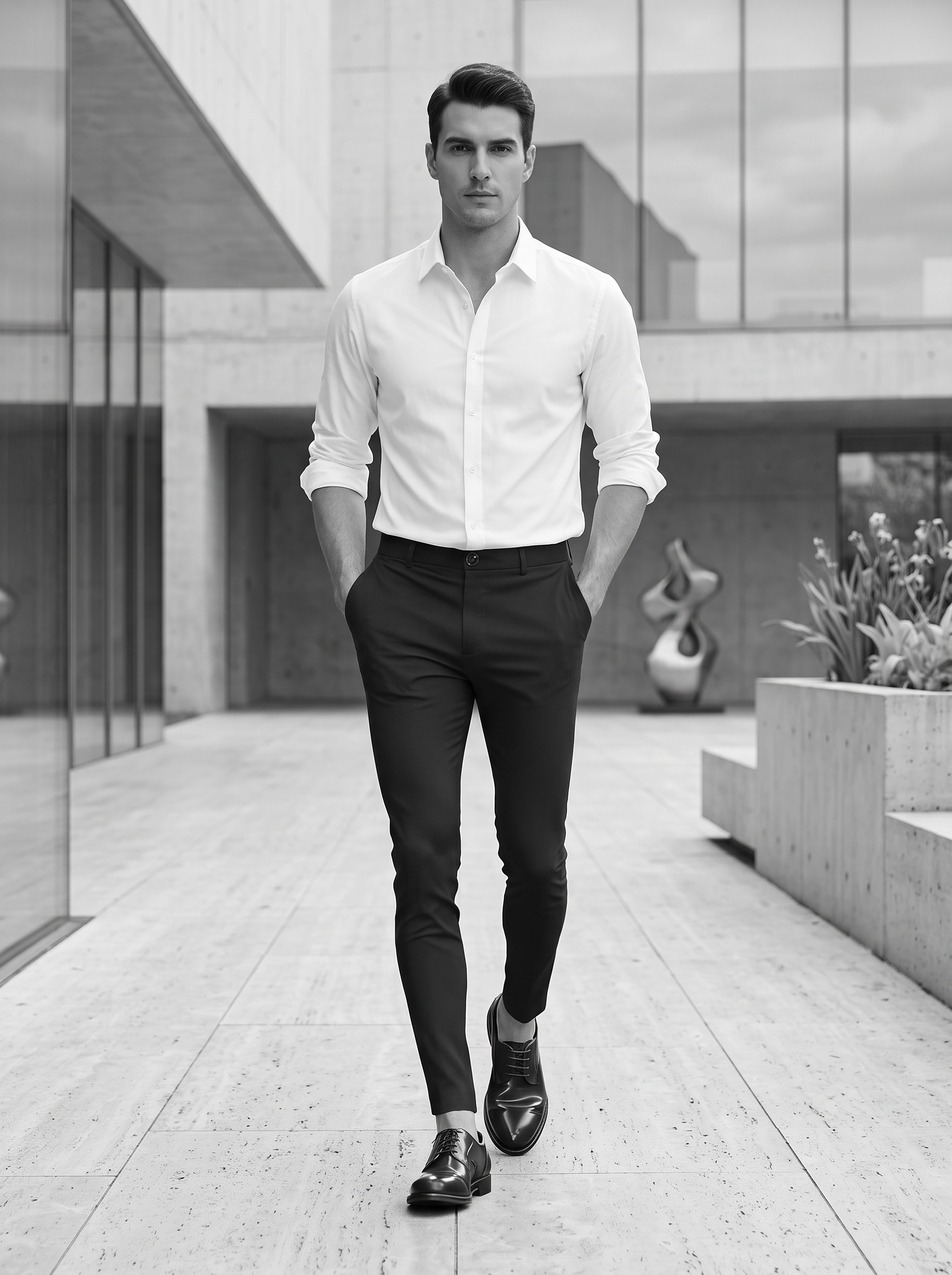 Slim-fit menswear model wearing black stretch dress pants and a white shirt in a minimalist urban setting.