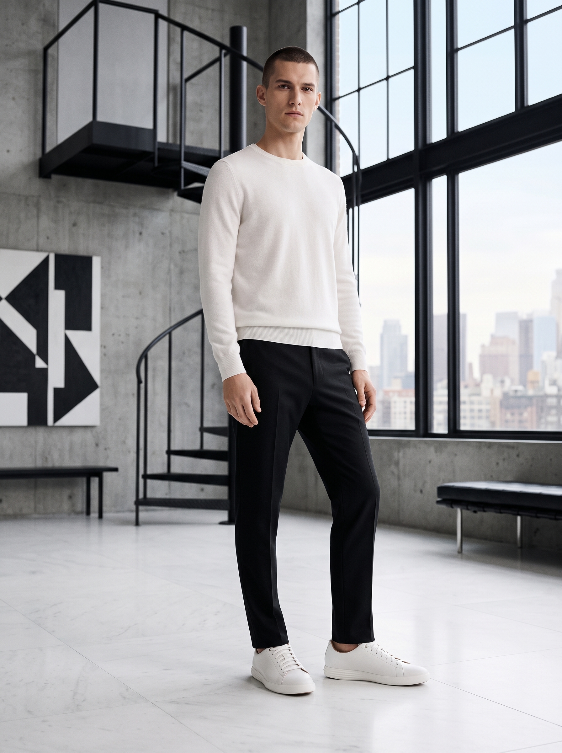 Slim fit menswear model wearing white leather Cole Haan Grand Crosscourt II sneakers in a minimalist modern setting with a monochrome black and white wardrobe.