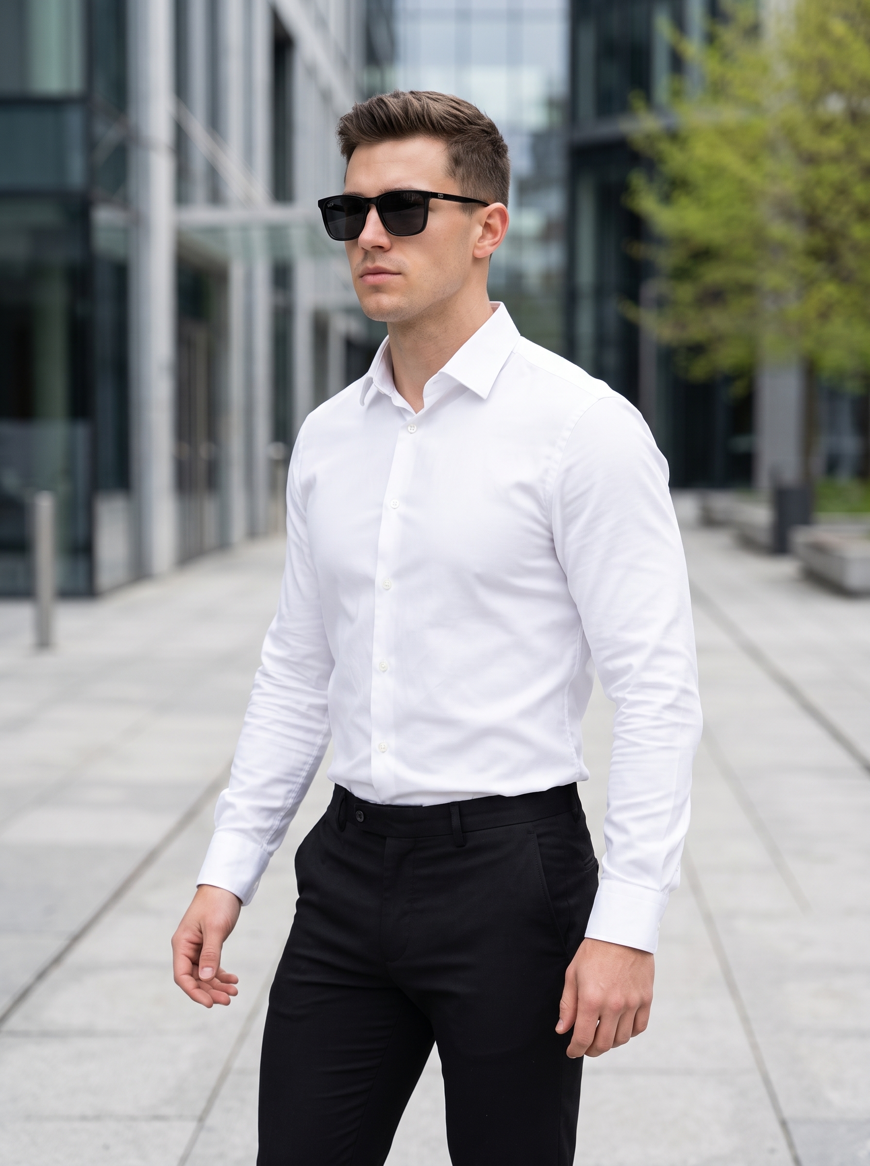 Slim fit menswear model wearing modern square polarized sunglasses with a black acetate frame in an urban spring setting.