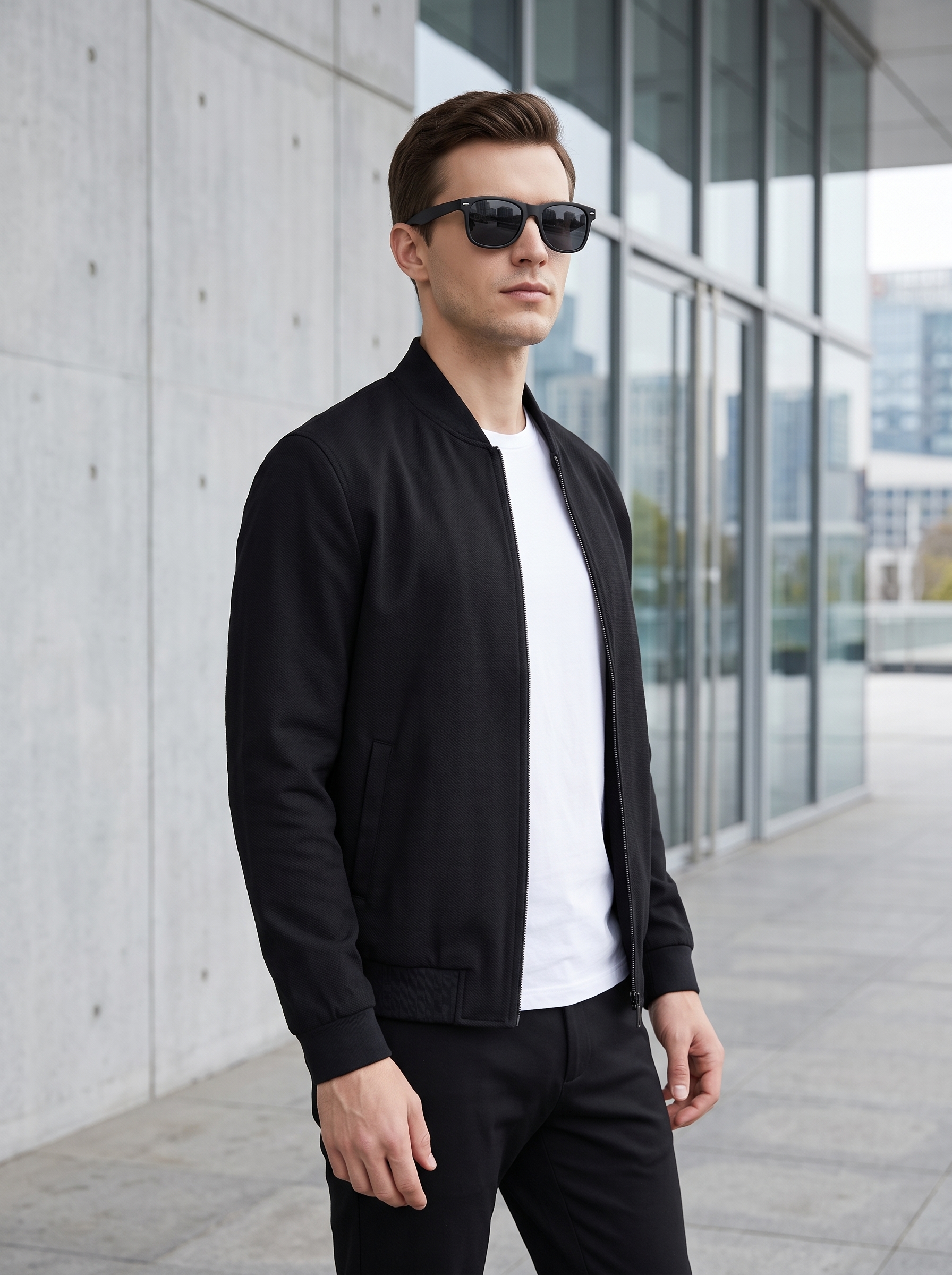 A slim-fit menswear model wearing matte black retro square sunglasses in a minimalist urban setting.
