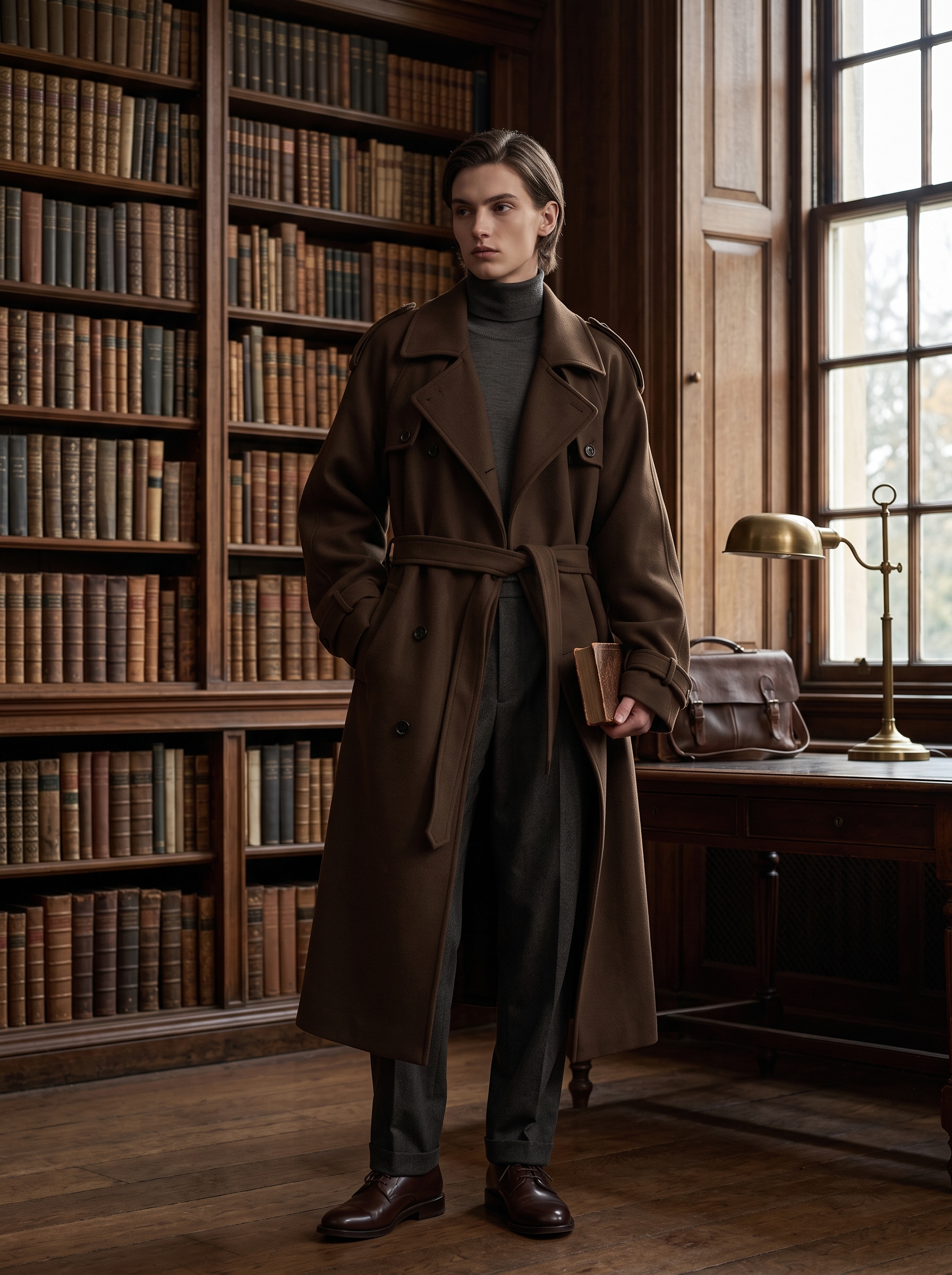 Gender-neutral model wearing an oversized dark brown double-breasted wool trench coat in a dark academia library setting