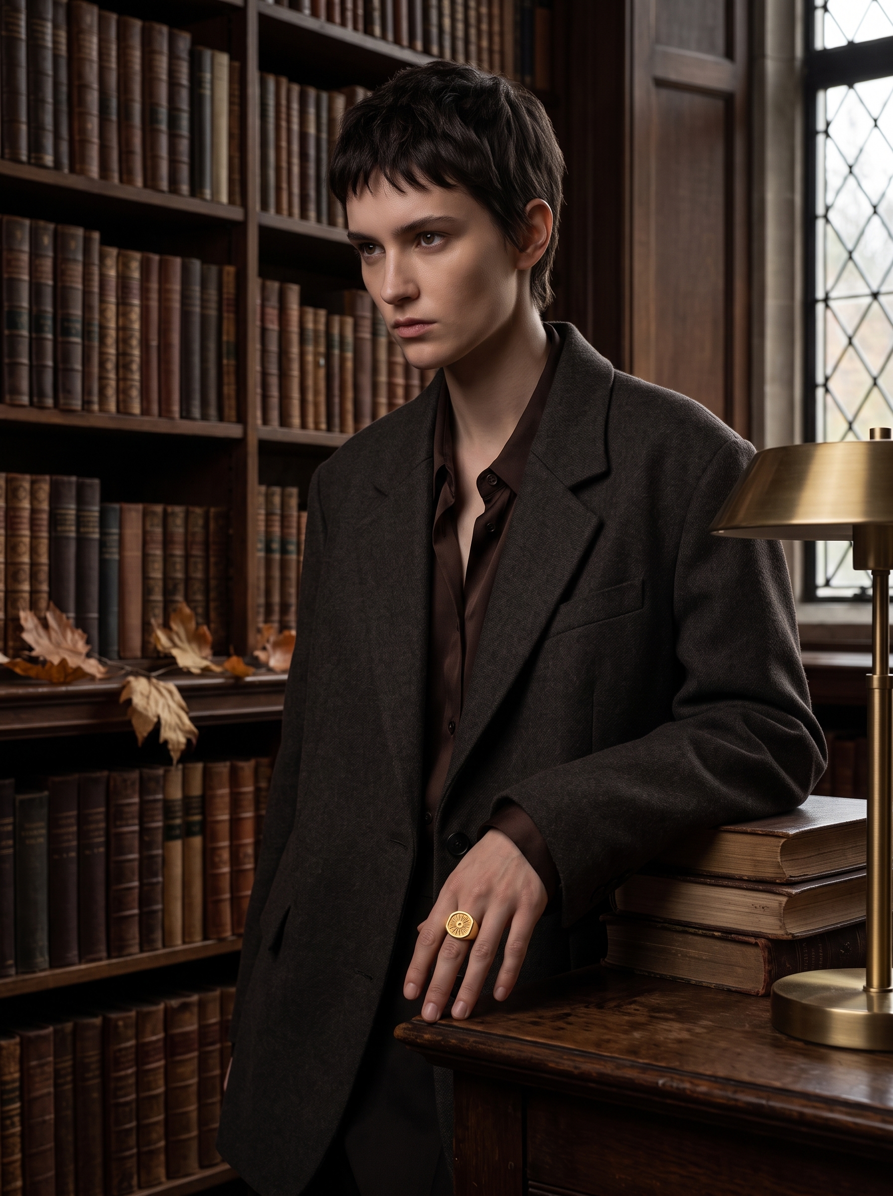 Gender-neutral model wearing a gold hexagon sun signet ring in a dark academia library setting for an autumn editorial look.