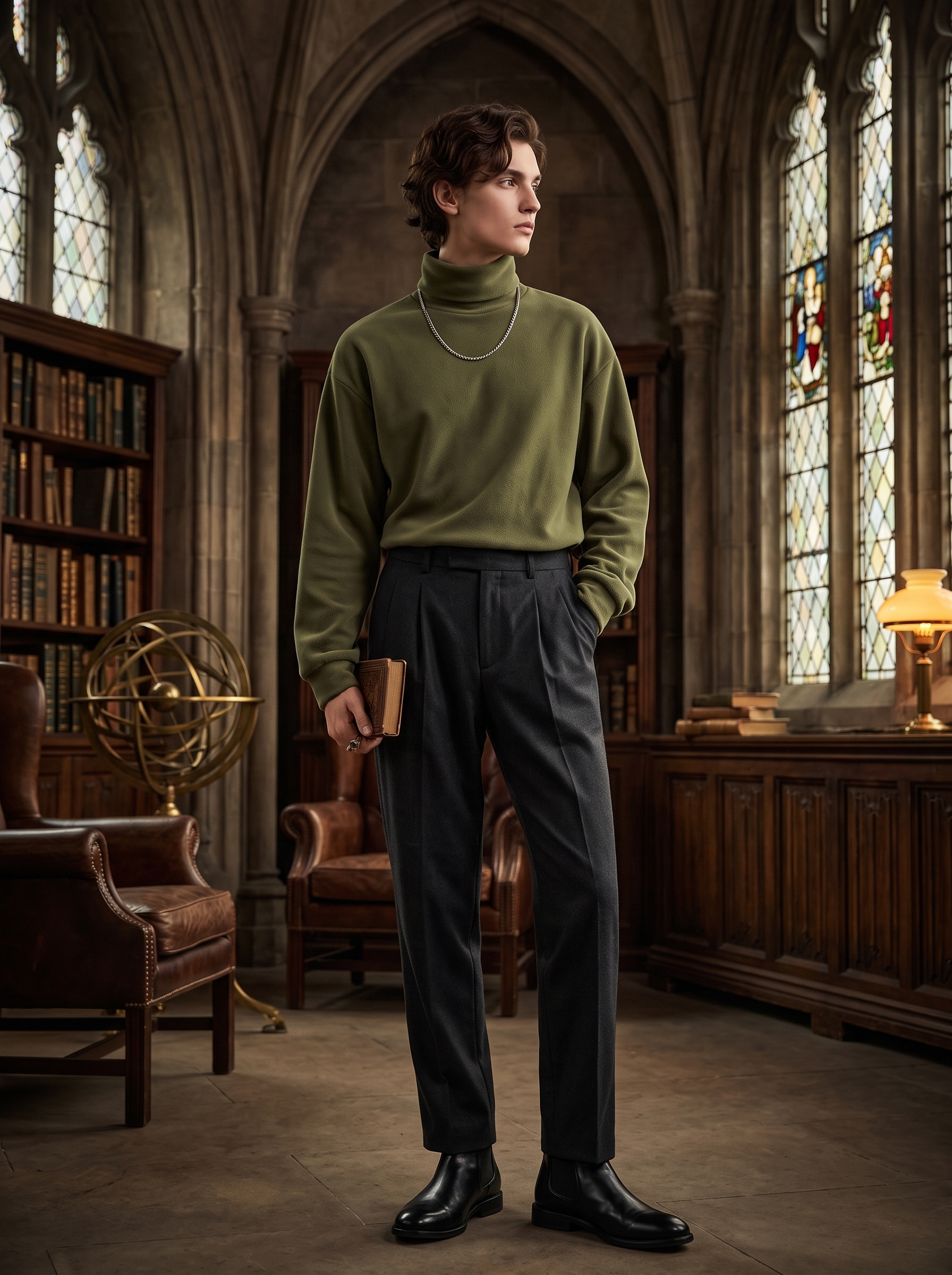 Gender-neutral model wearing an olive green fleece turtleneck in a dark academia library setting for an autumn formal look.