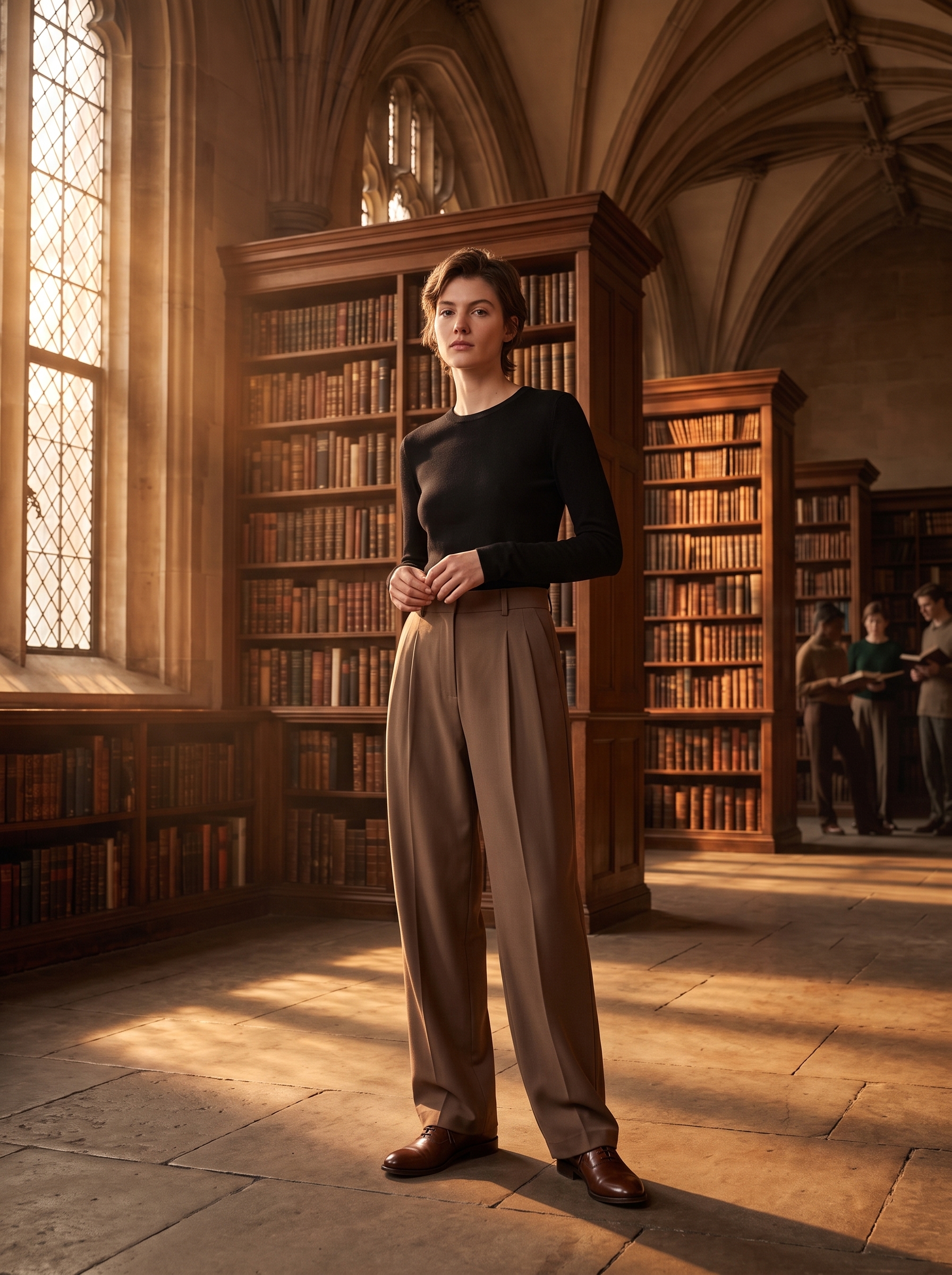 Gender-neutral model wearing high-waisted pleated wide leg tailored trousers in an earthy neutral tone within a dark academia library setting.
