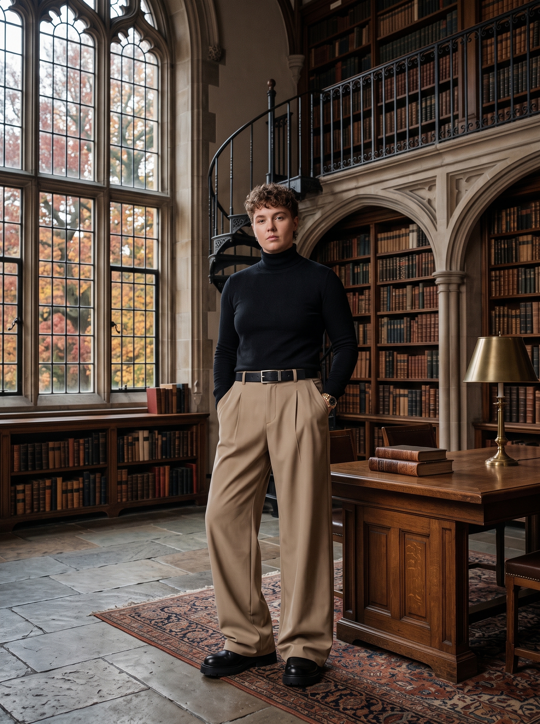 Gender-neutral model wearing baggy wide-leg pleated trousers in khaki paired with dark academia formalwear in a historic library setting
