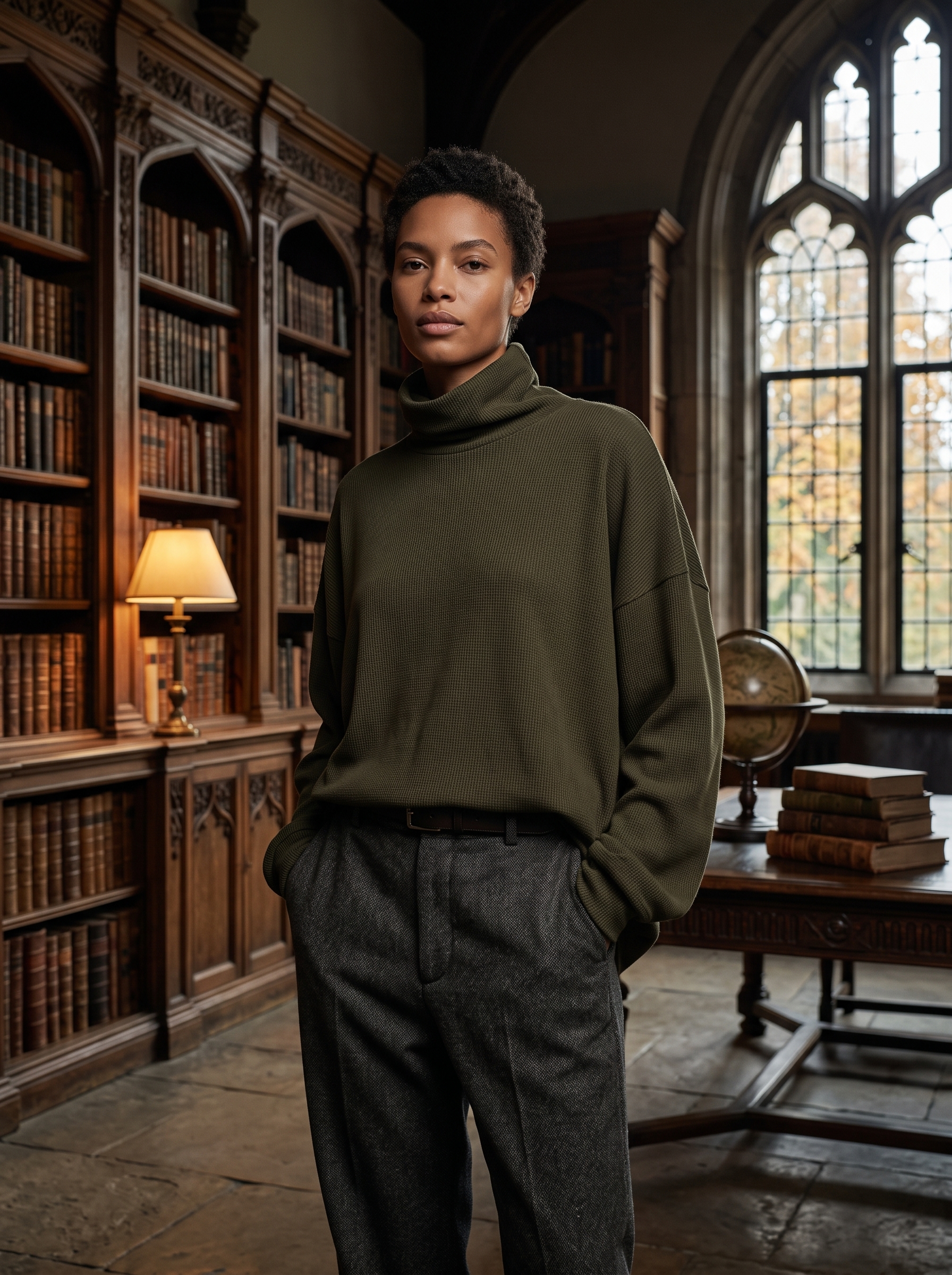 An oversized relaxed fit gender-neutral model wearing a dark olive turtleneck top in a gothic dark academia library setting.