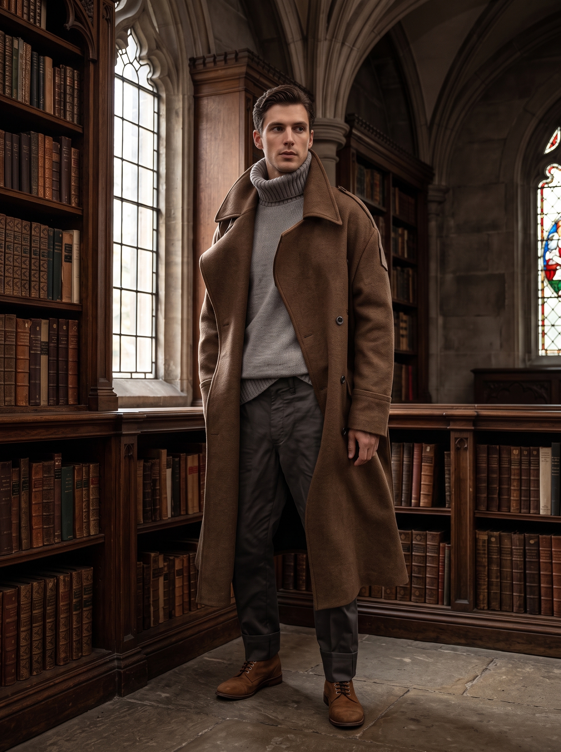 Gender-neutral model wearing an oversized brown wool trench coat in a dark academia library setting for an autumn lookbook.