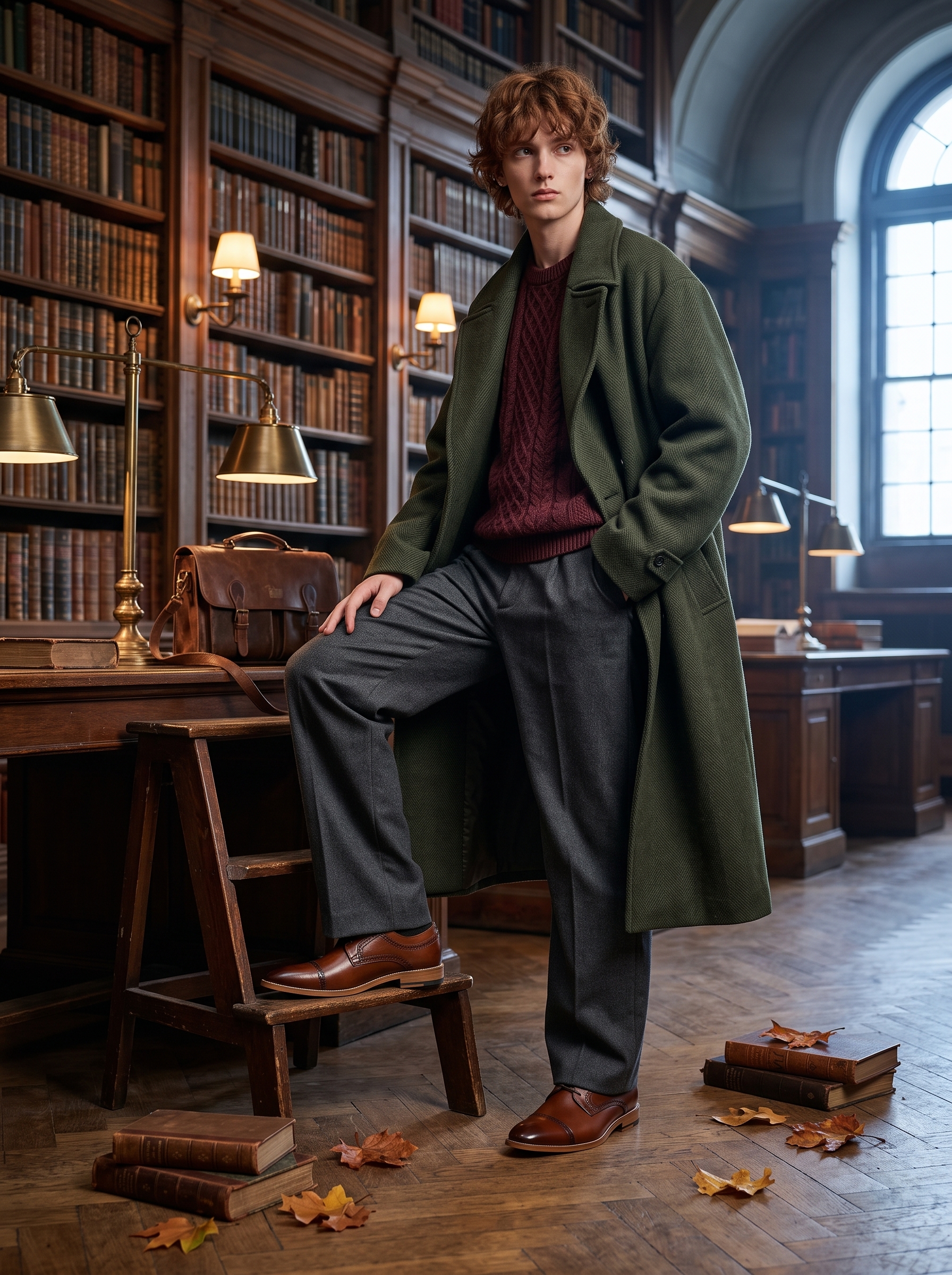An oversized gender-neutral model wearing Stacy Adams brown leather cap-toe oxford shoes in a moody dark academia library setting.