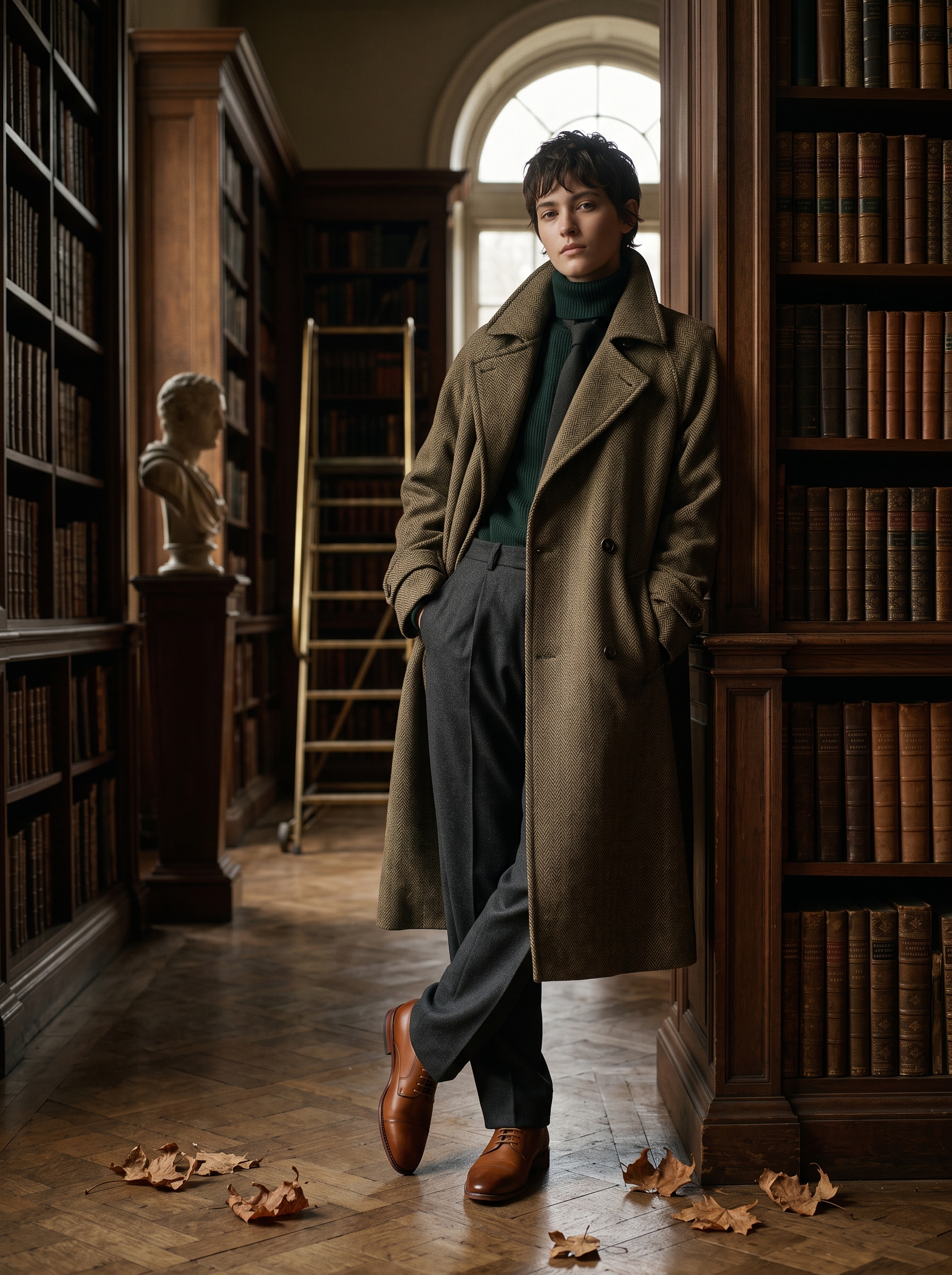An oversized fit unisex model wearing classic brown oxford dress shoes in a dark academia library setting for an autumn editorial lookbook.
