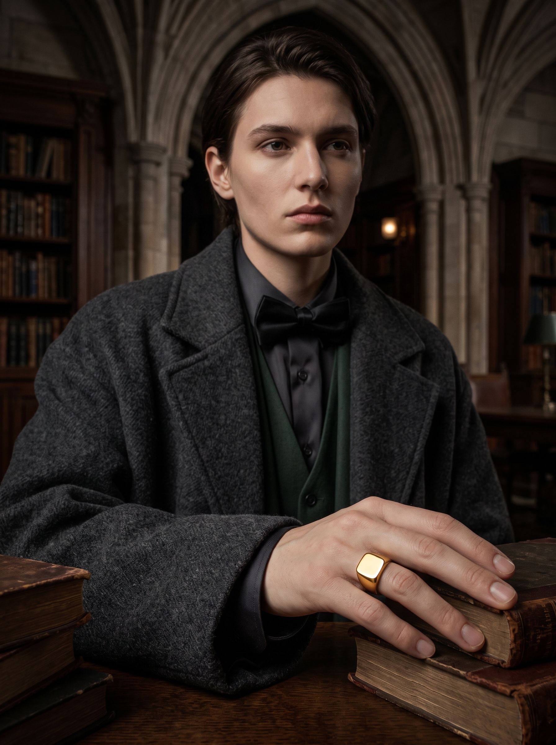 An oversized gender-neutral model wearing a polished gold square signet ring in a dark academia gothic formal setting.