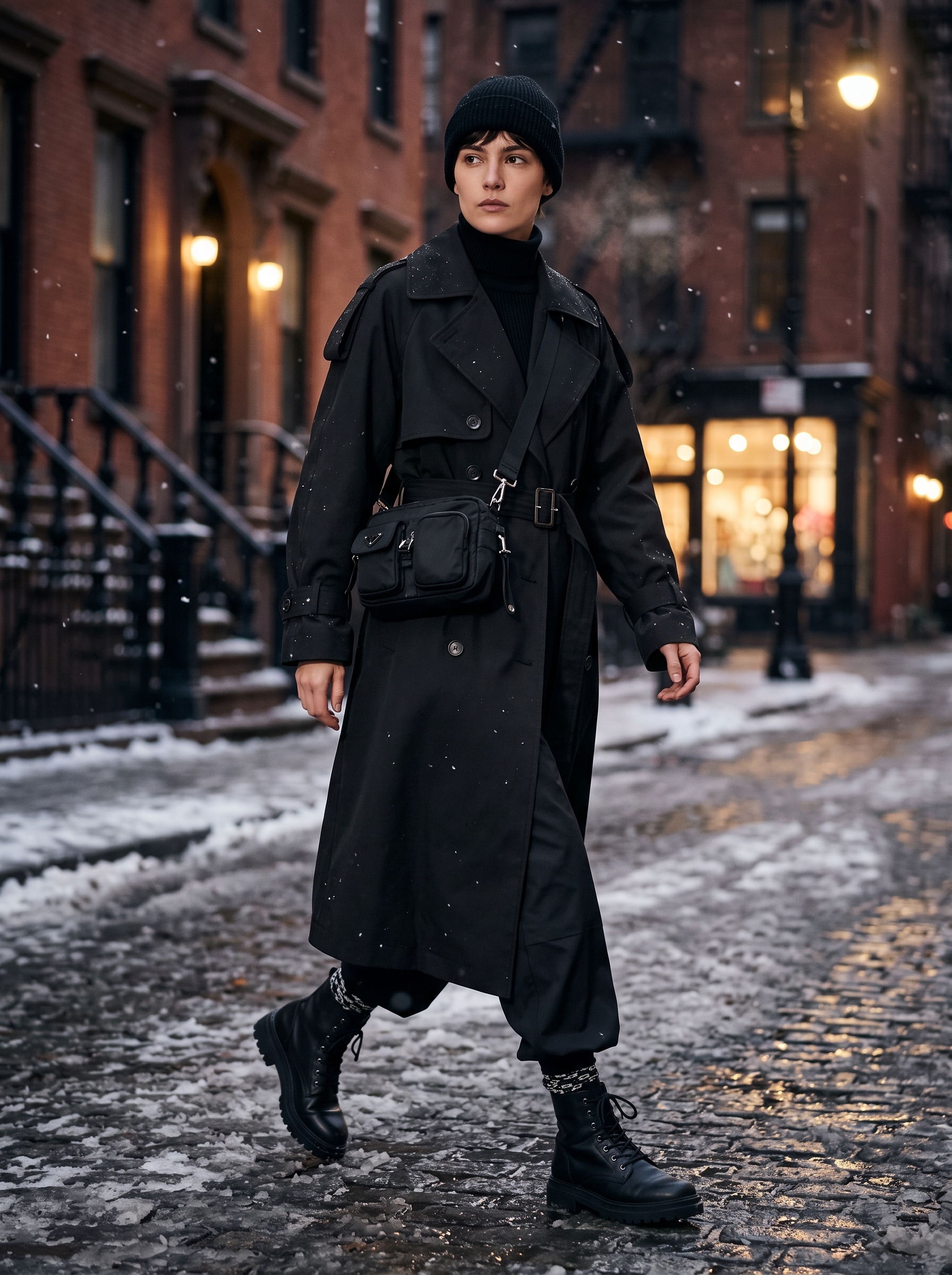 An oversized gender-neutral model wearing a black double-breasted long trench coat in a snowy New York City street setting.