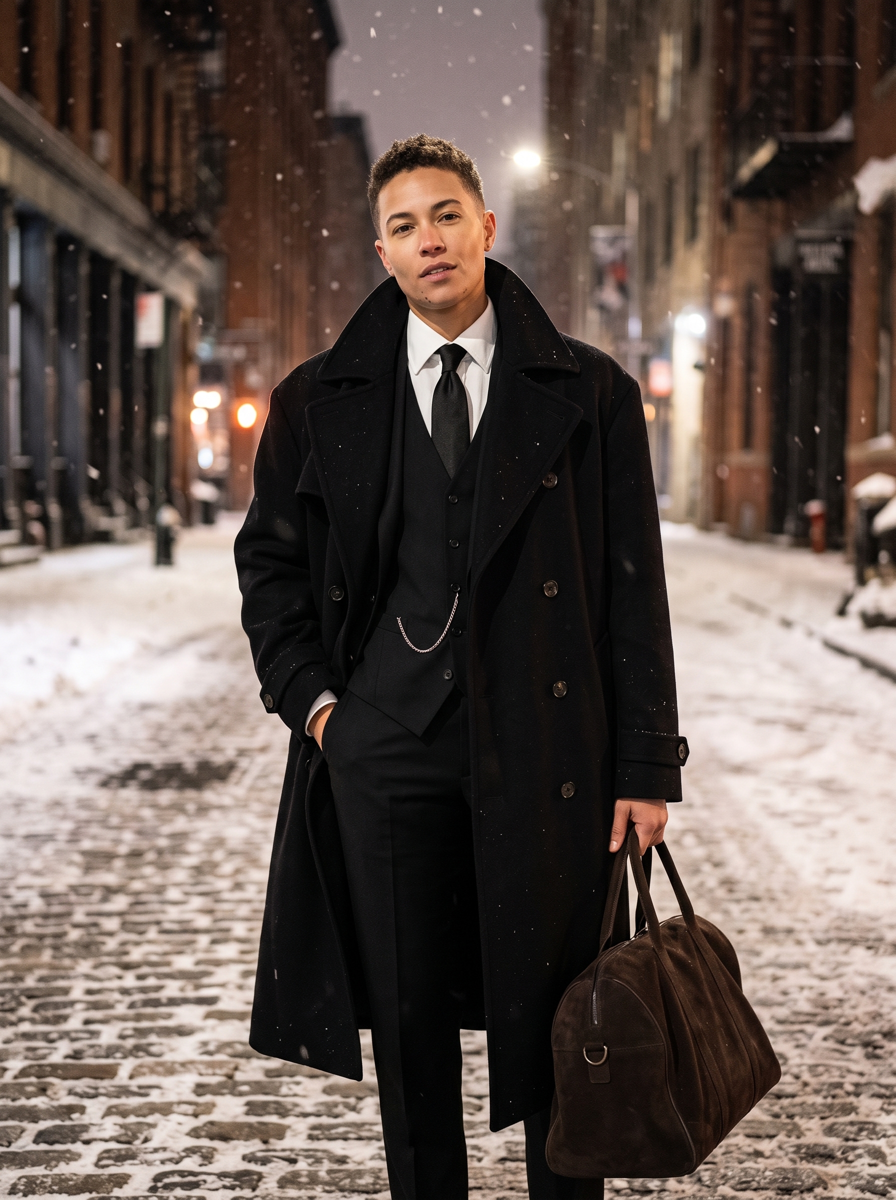 An oversized gender-neutral model wearing a black double-breasted trench coat on a snowy New York City street at night.