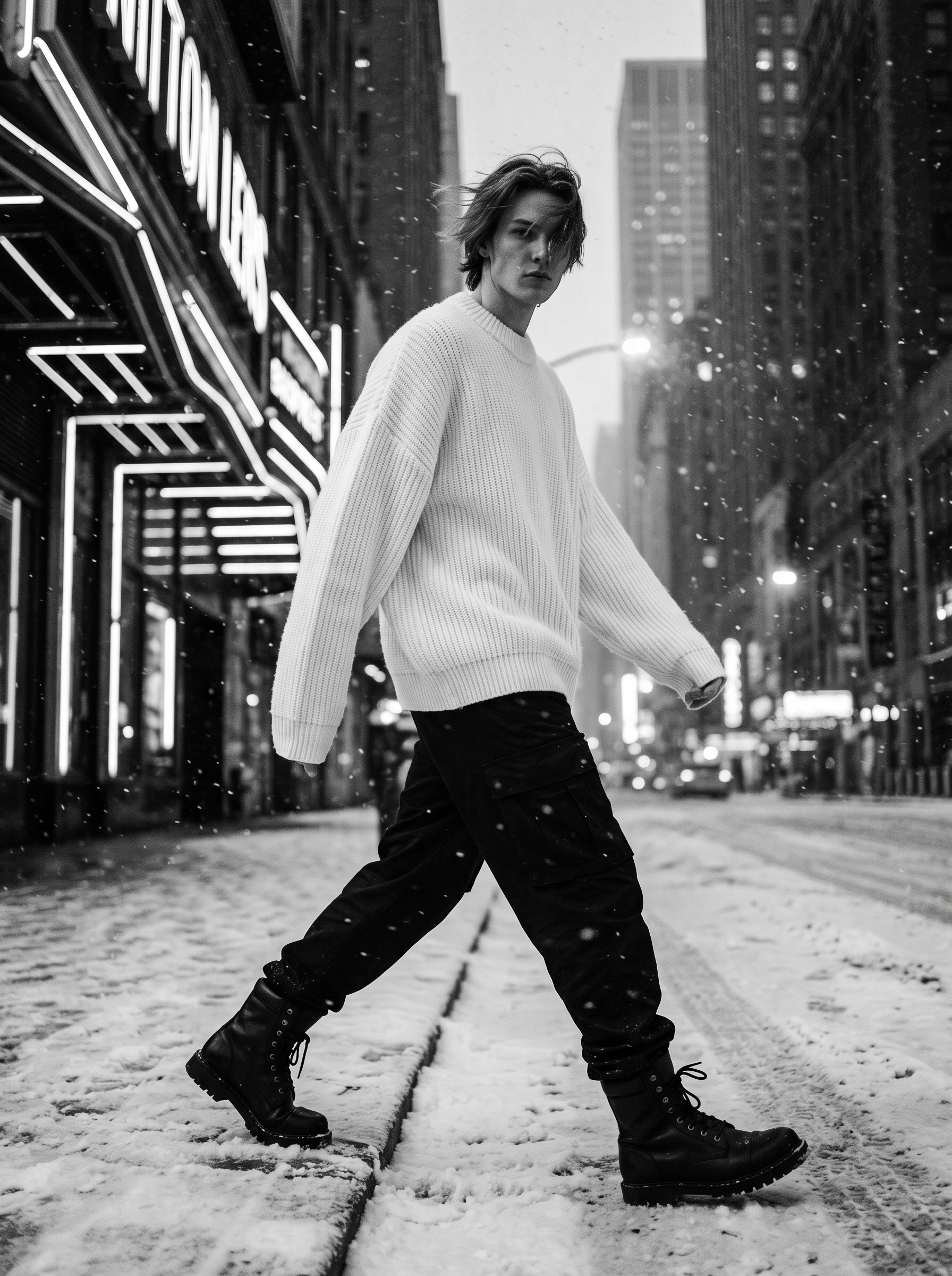 An oversized gender-neutral model wearing a black and white knit crewneck sweater on a snowy New York City street for a winter streetwear lookbook editorial.