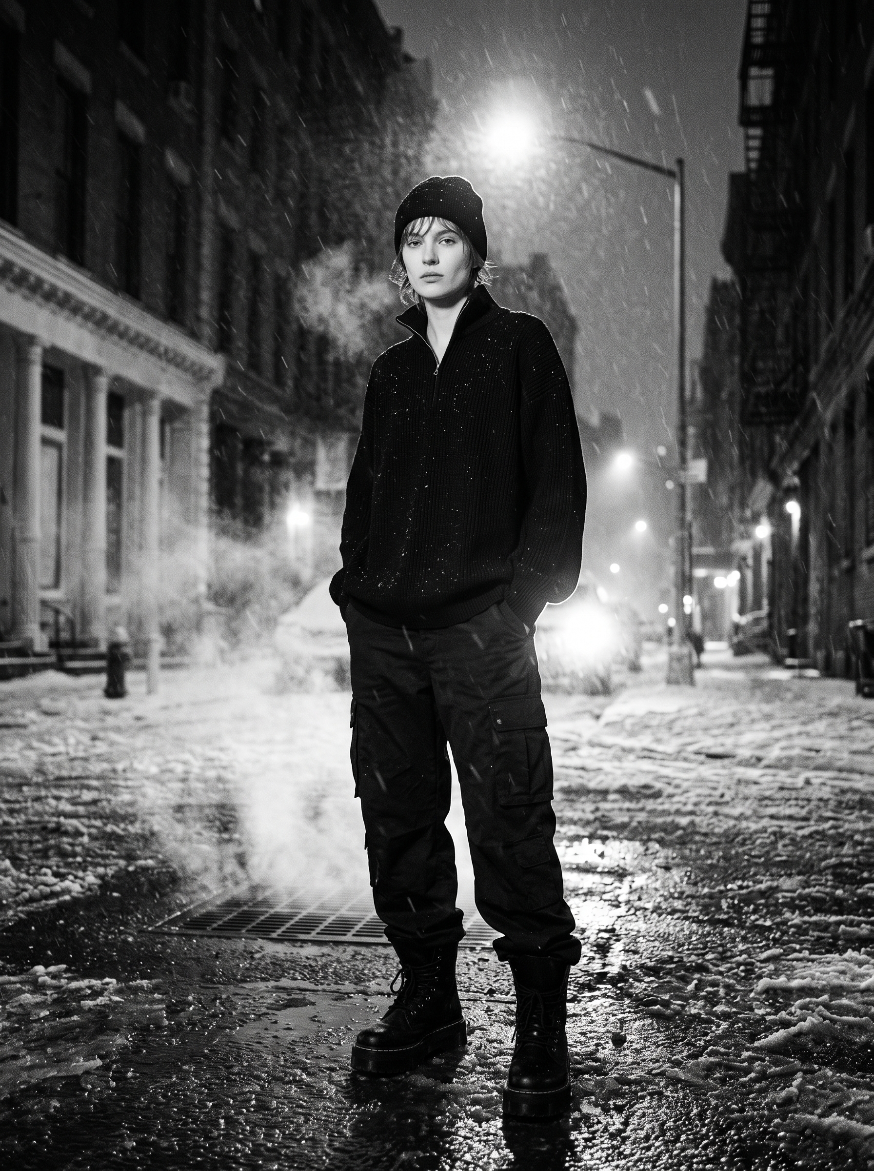 Gender-neutral model wearing a black merino wool quarter zip sweater in a snowy New York City street for a streetwear night out look.
