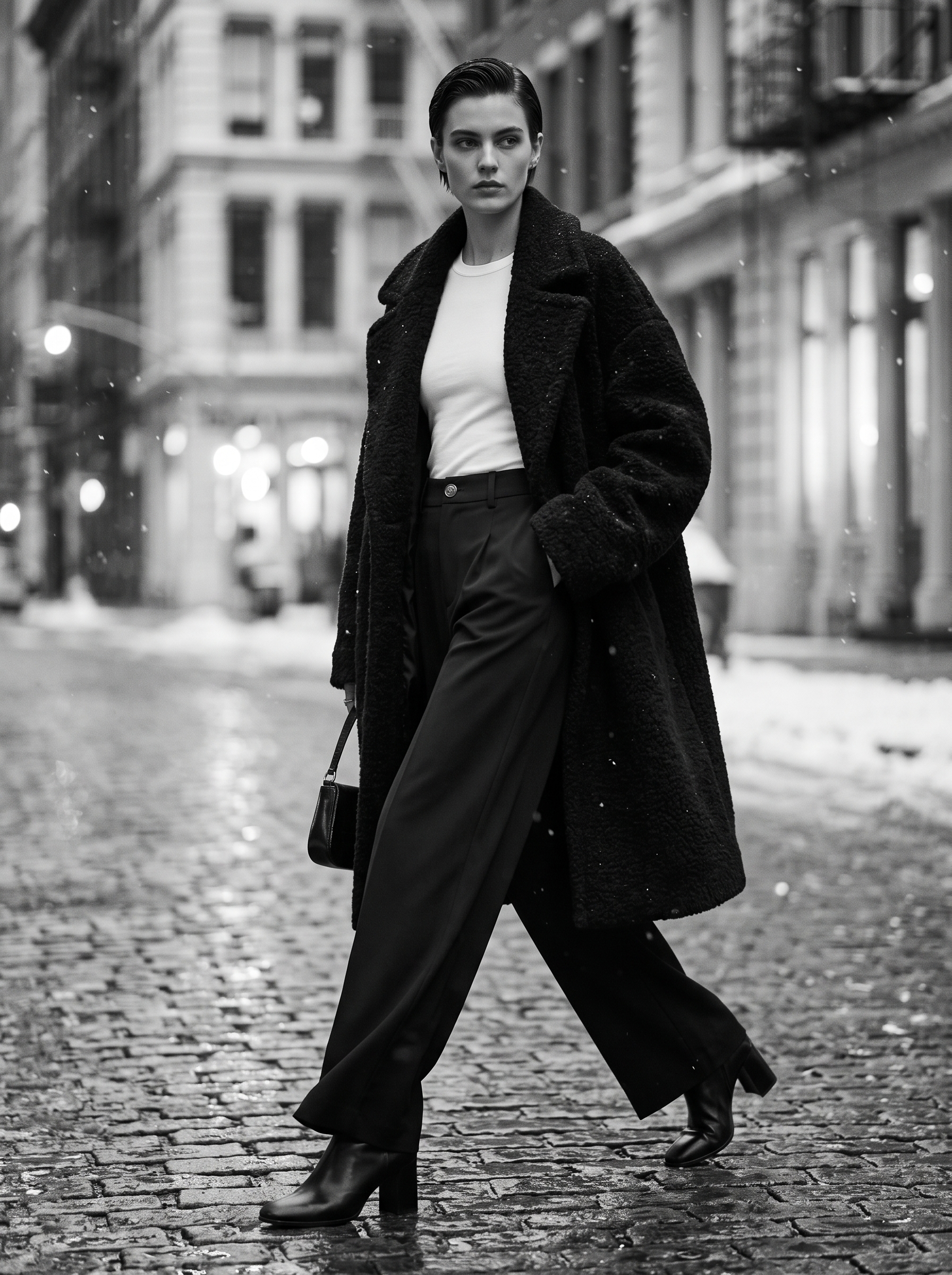Gender-neutral model wearing black tailored wide-leg trousers and a white top in a snowy New York City winter streetwear setting