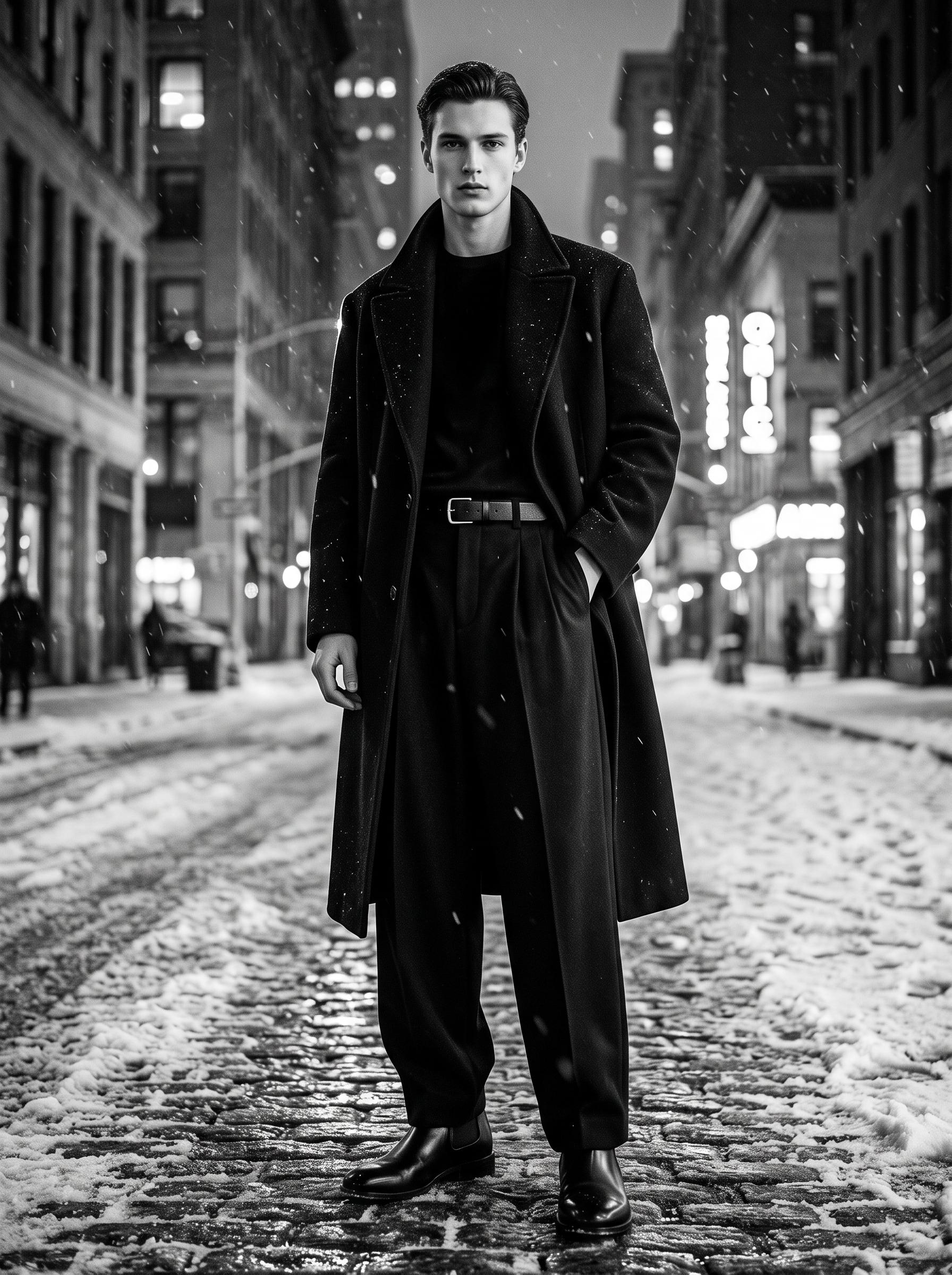 An oversized gender-neutral model wearing pleated wide-leg black trousers in a snowy New York City street setting at night.